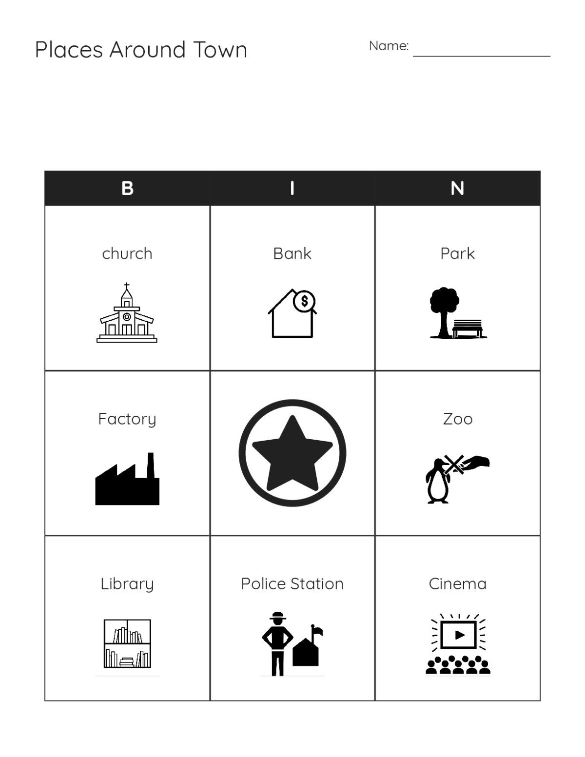 Bingo cards featuring places around town: hospital, school, library, restaurant, zoo.