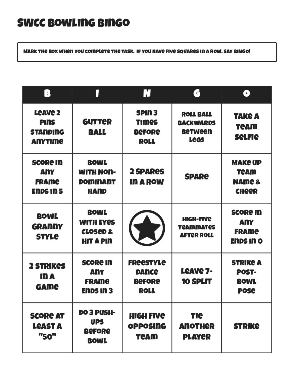 Bowling bingo cards with strikes, spares, and team challenges for party games.