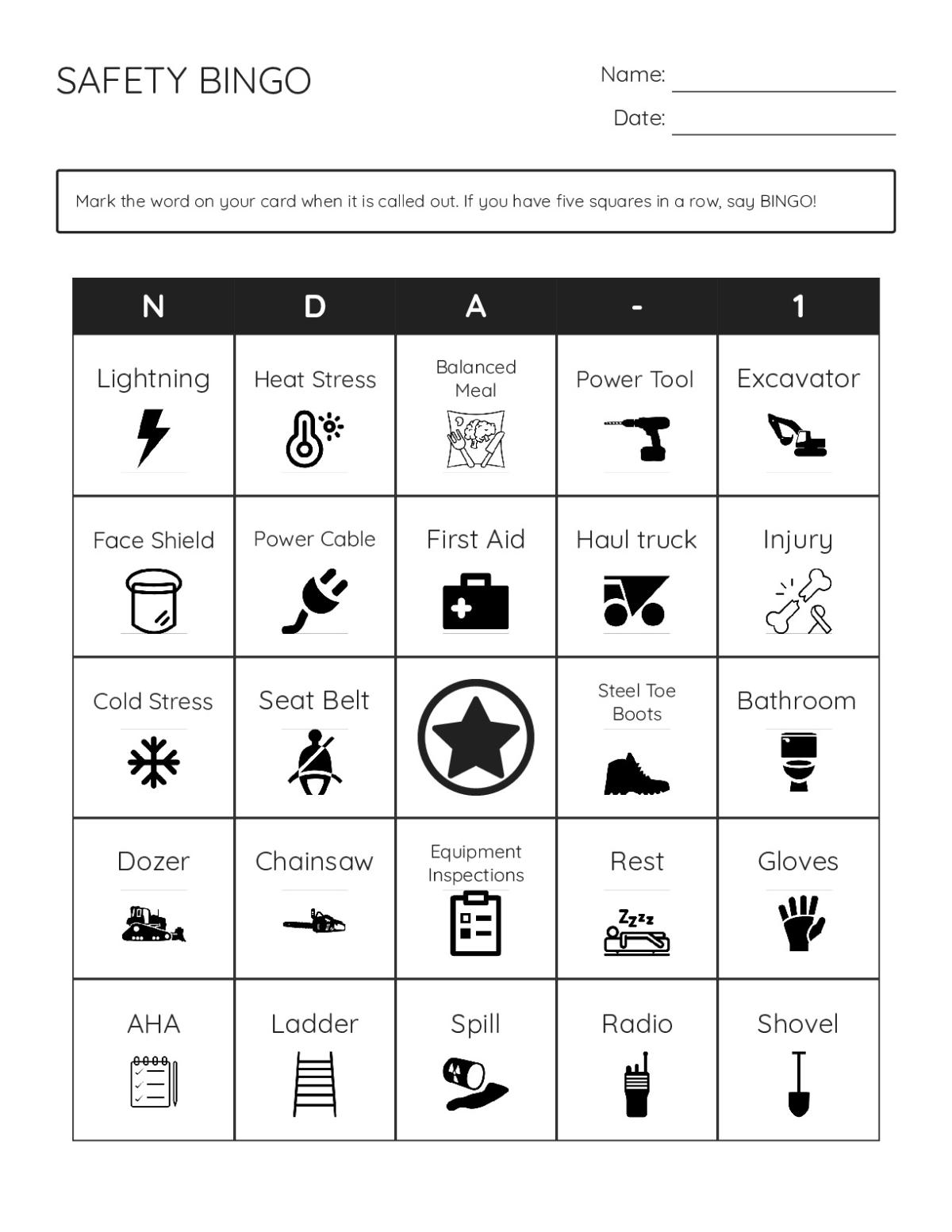 Workplace safety bingo cards with construction equipment, PPE, and hazard awareness terms.