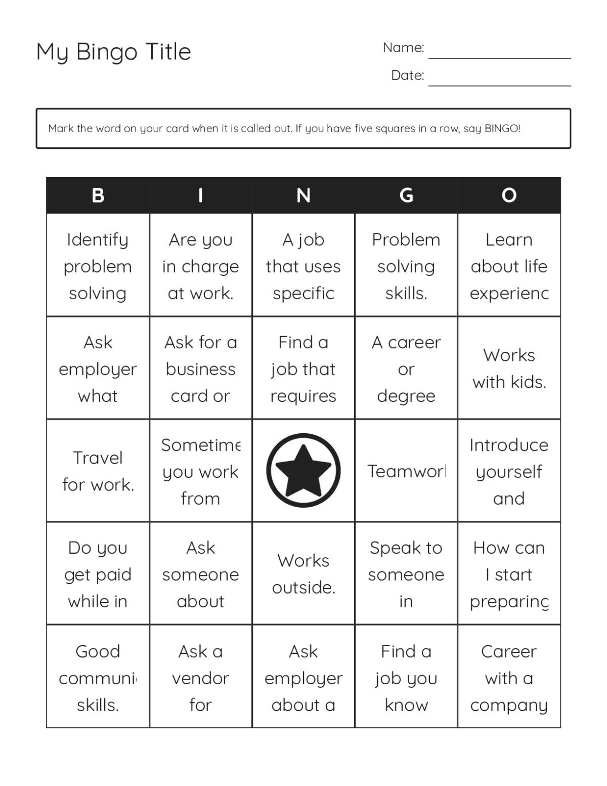 Career exploration bingo cards with job-search prompts and networking activities for students.