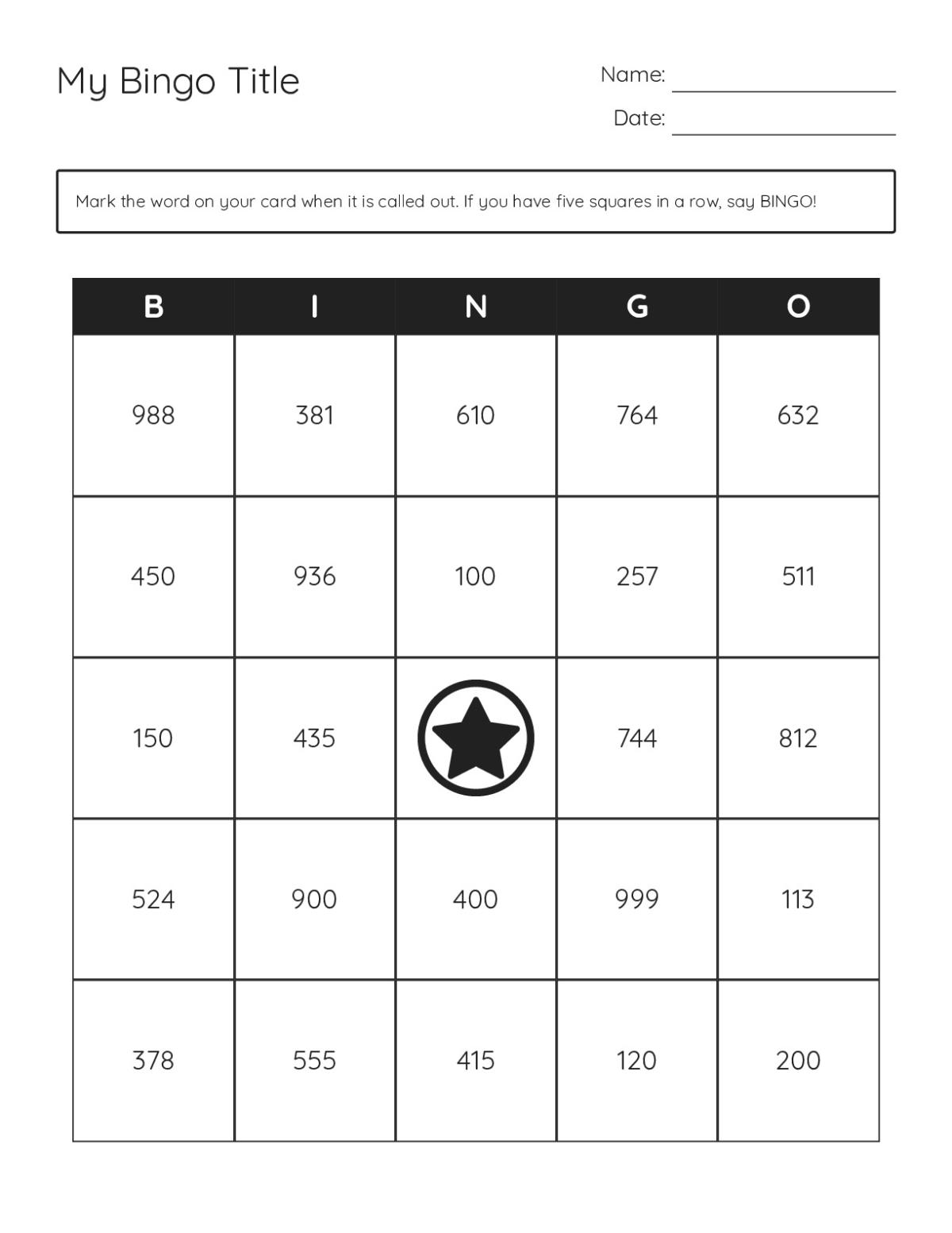 Place value bingo cards with three-digit numbers for practicing the hundreds place.