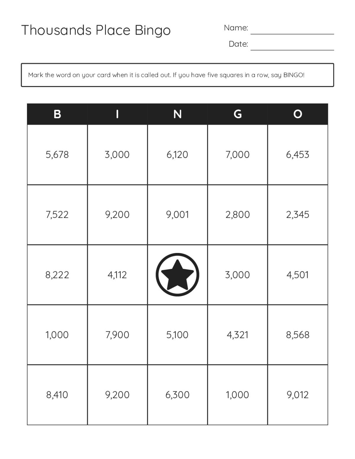 Thousands place bingo cards with four-digit numbers for place-value practice.