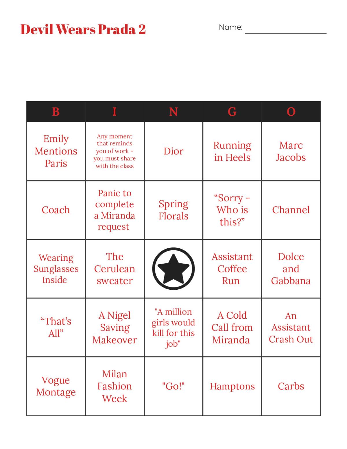 The Devil Wears Prada bingo cards featuring fashion moments, character names, and iconic quotes from the film.