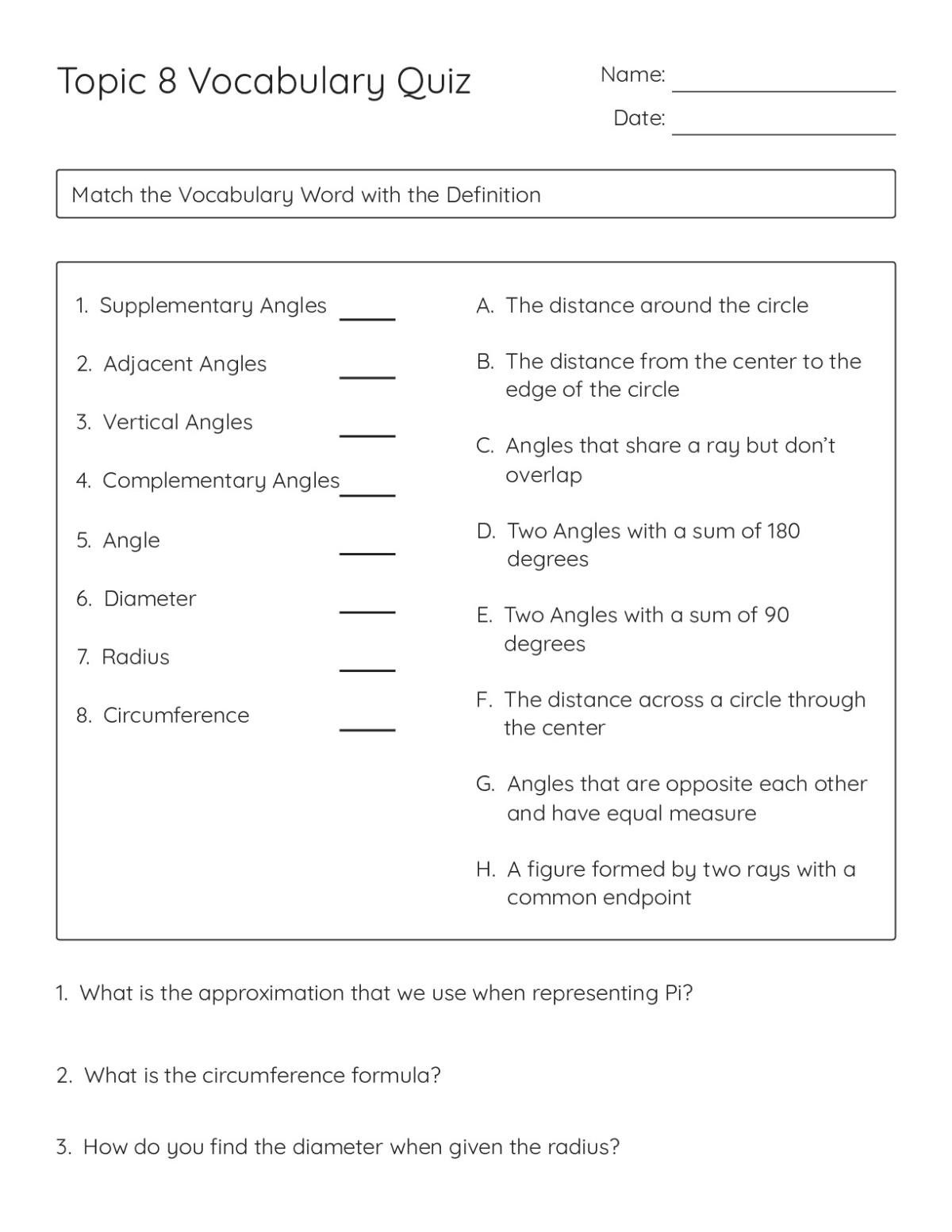 Printable 7th grade geometry vocabulary quiz on angles, circles, radius, and circumference with matching and short-answer sections.