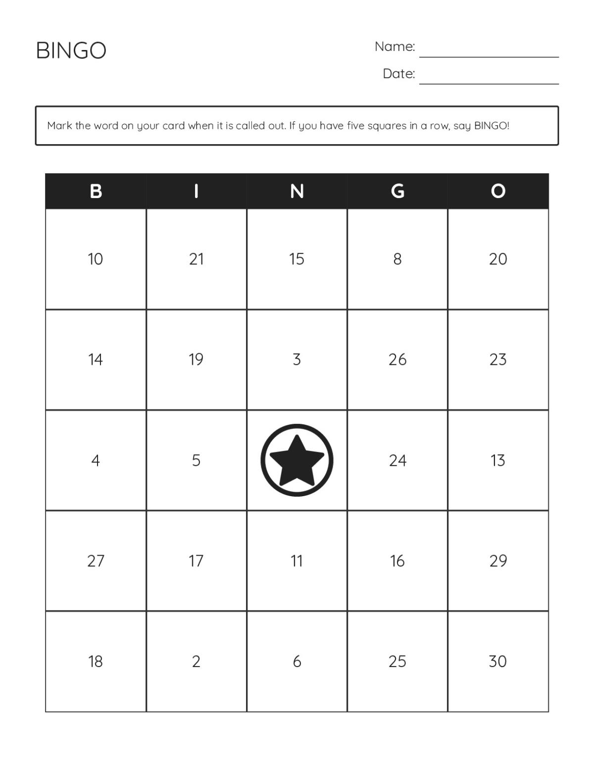 Bingo cards with numbers 1 through 30 for counting practice.