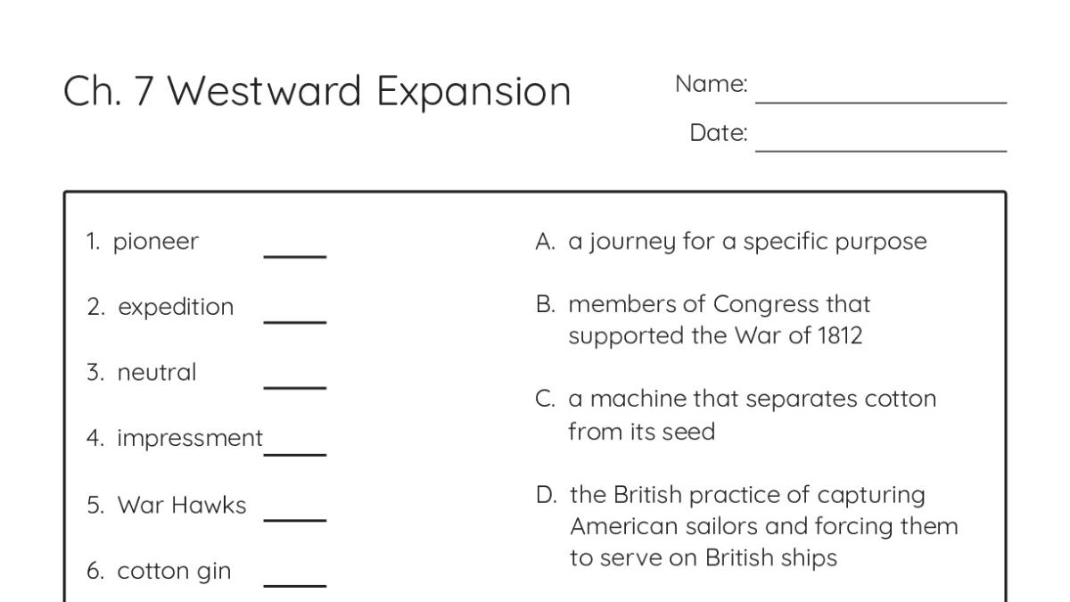 Ch. 7 Westward Expansion - My Worksheet Maker: Create Your Own Worksheets