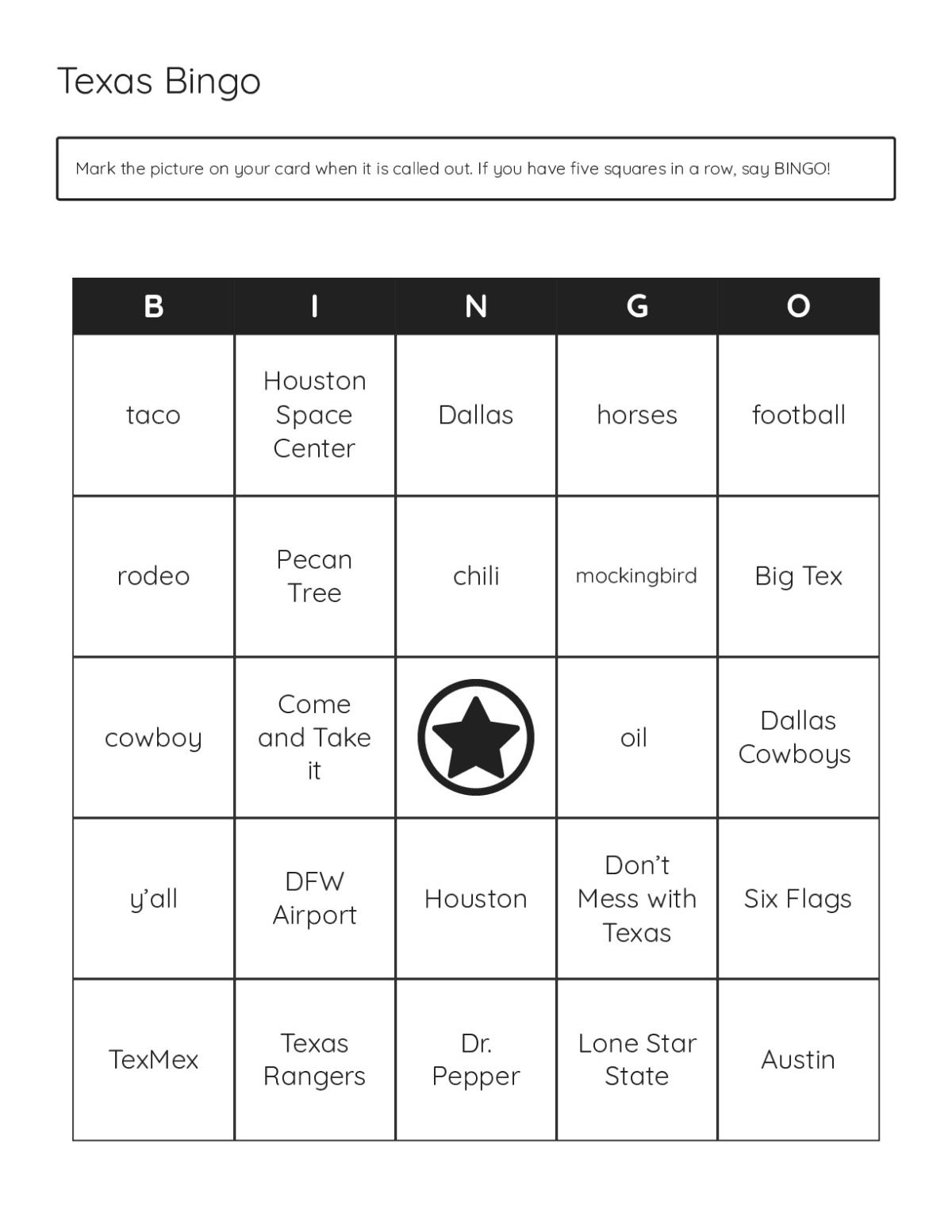 Texas bingo cards with state landmarks, symbols, and culture including the Alamo and bluebonnets.