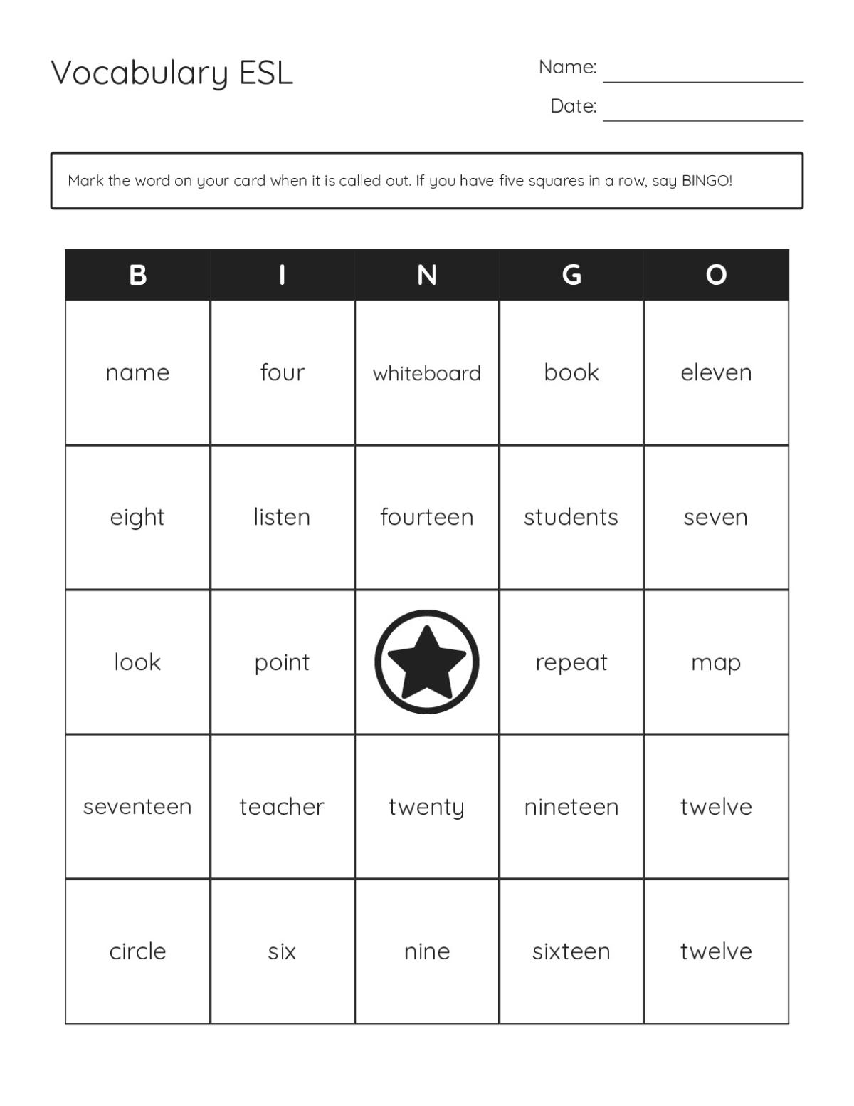 ESL vocabulary bingo cards with classroom words, numbers, and commands.