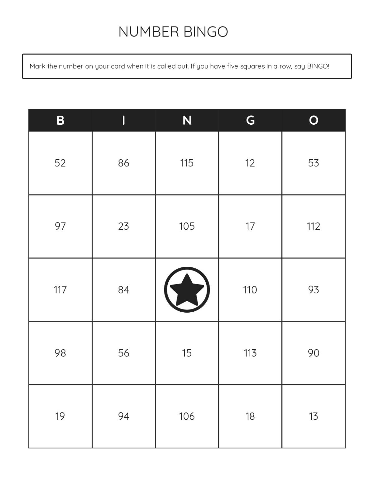 Number bingo cards with two-digit and three-digit numbers from 11 to 120.