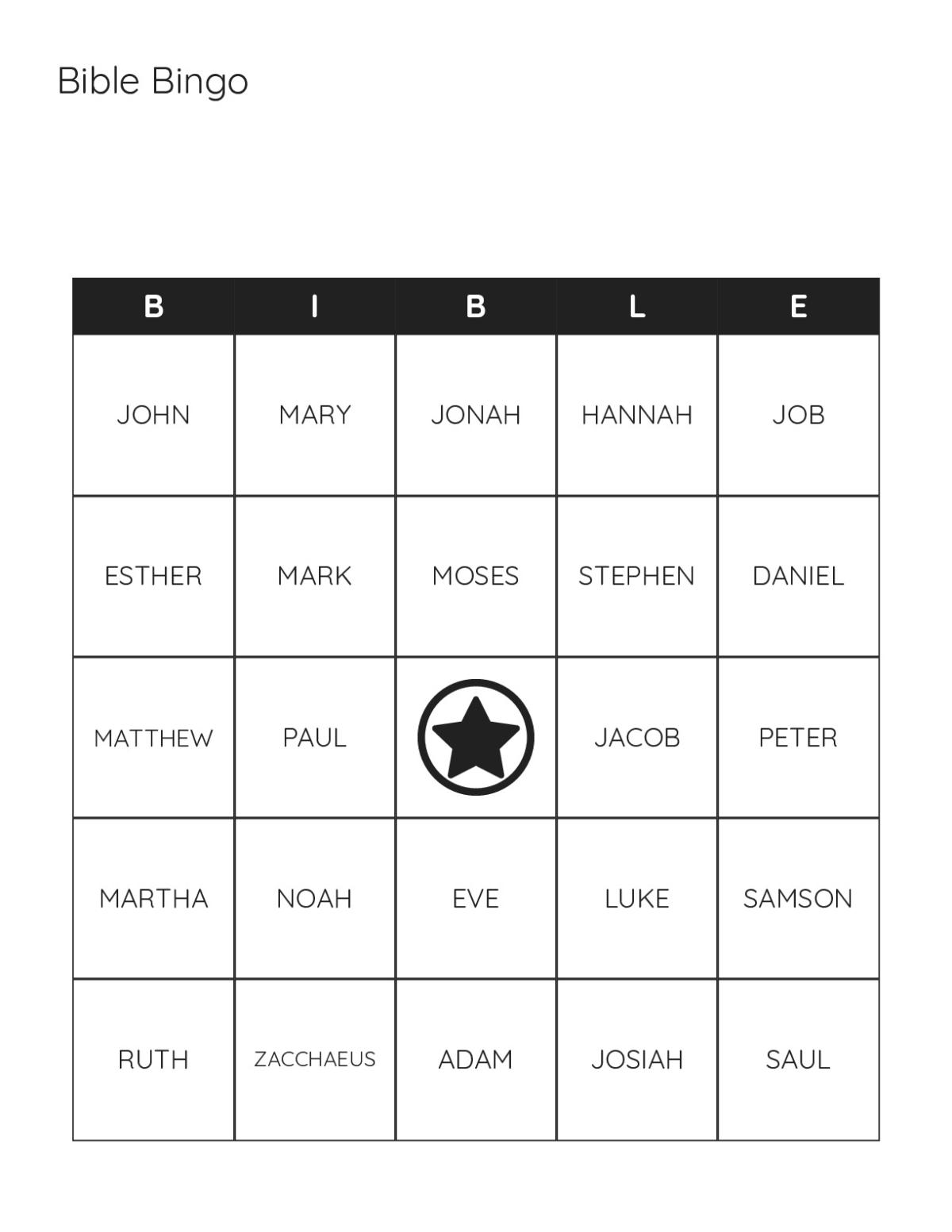 Bible bingo cards featuring biblical characters like David, Moses, Paul, and Jonah.