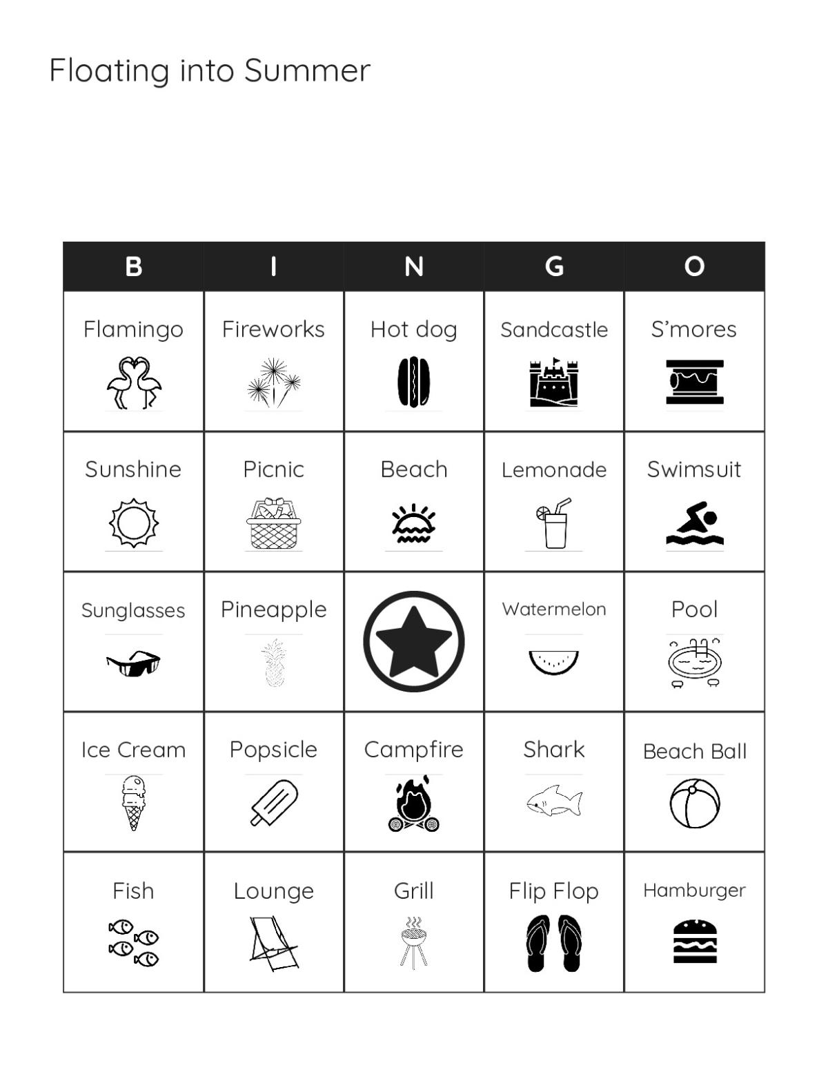 Summer bingo cards with pool, beach, flamingo, ice cream, and fireworks.