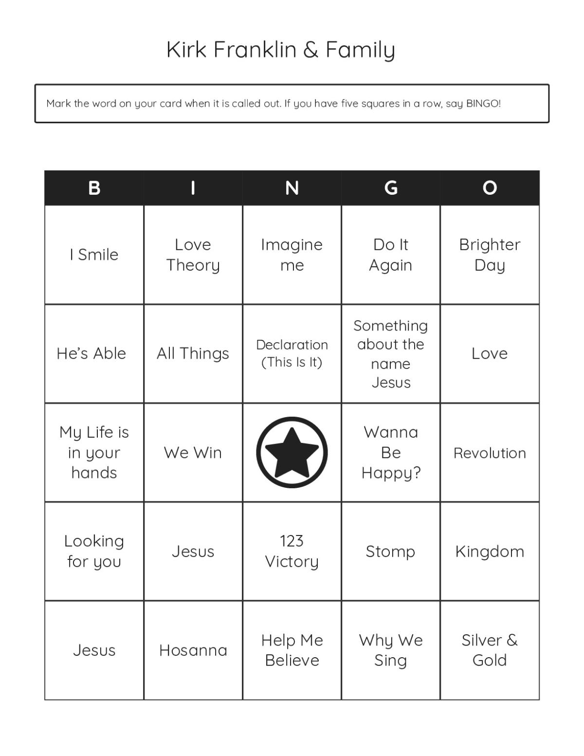 Kirk Franklin gospel music bingo cards with song titles and inspirational themes.