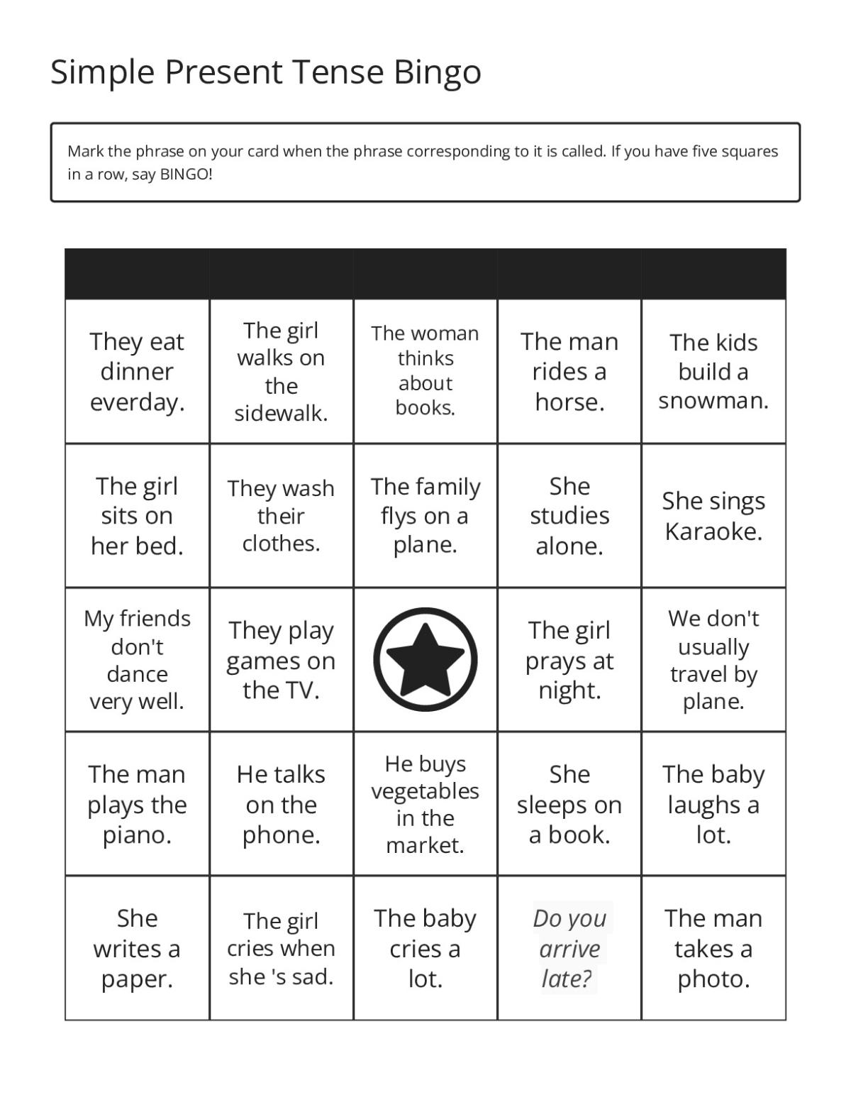 Simple Present Tense bingo cards with example sentences using present-tense verbs.