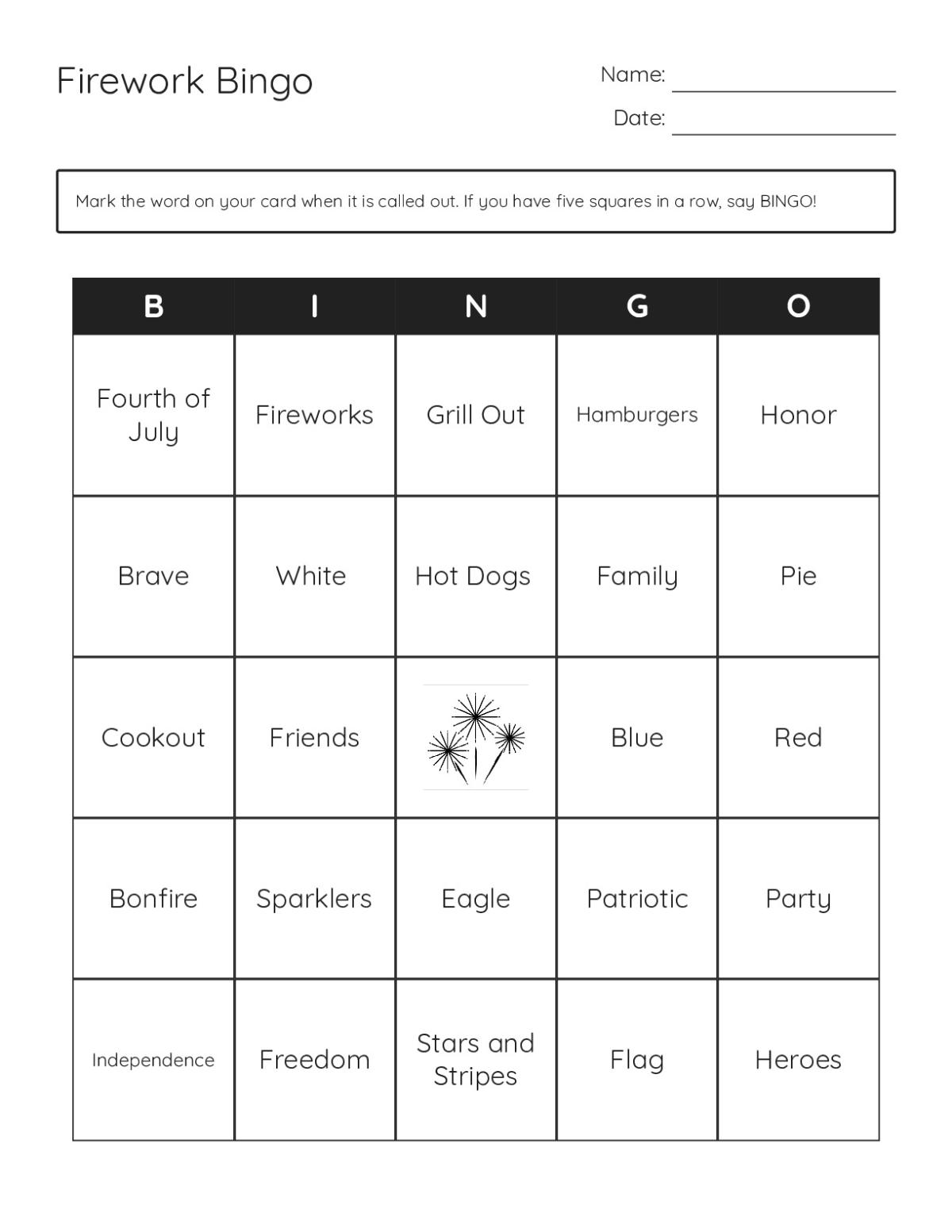 Fourth of July bingo cards with fireworks, sparklers, patriotic, and summer celebration vocabulary.