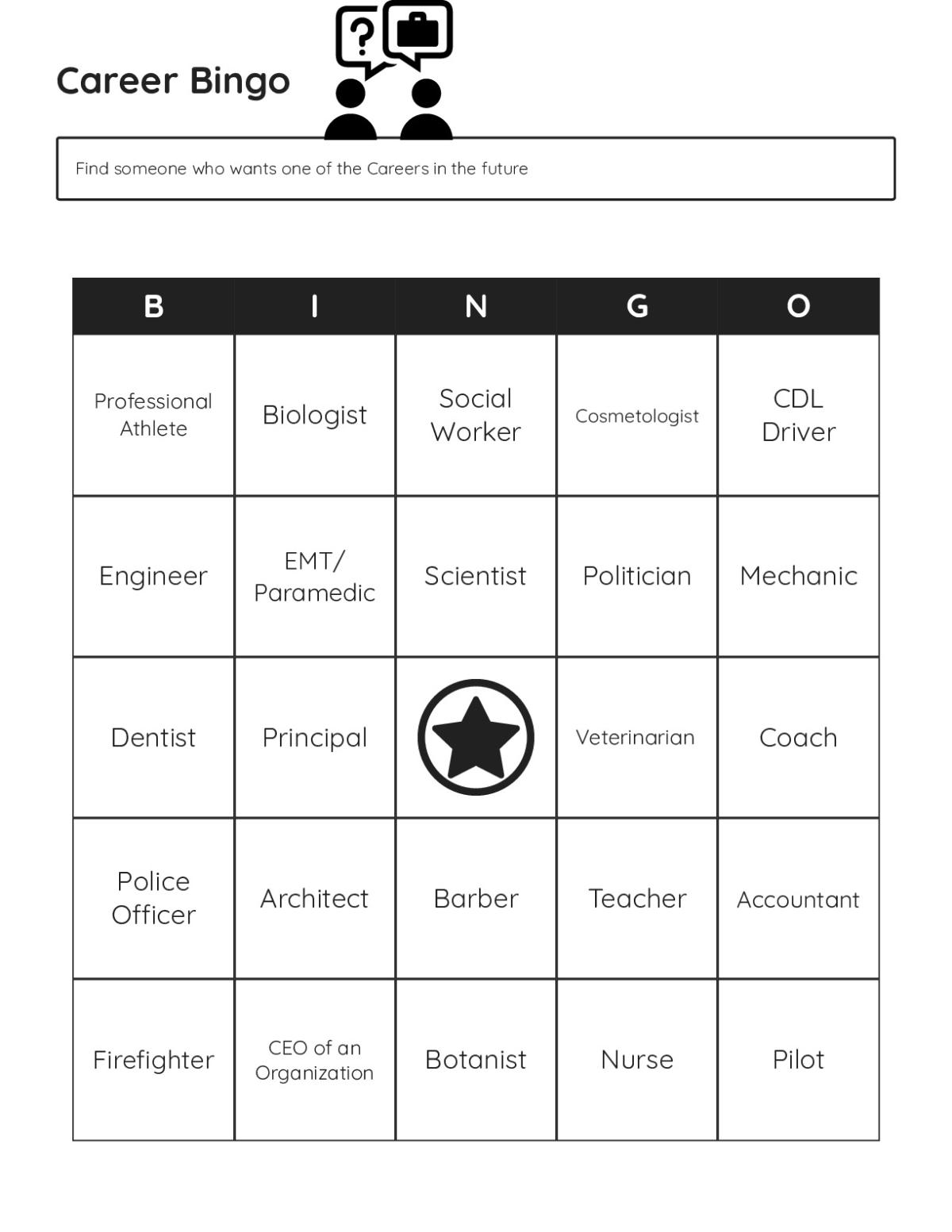 Career bingo cards with professions including nurse, engineer, firefighter, and teacher.