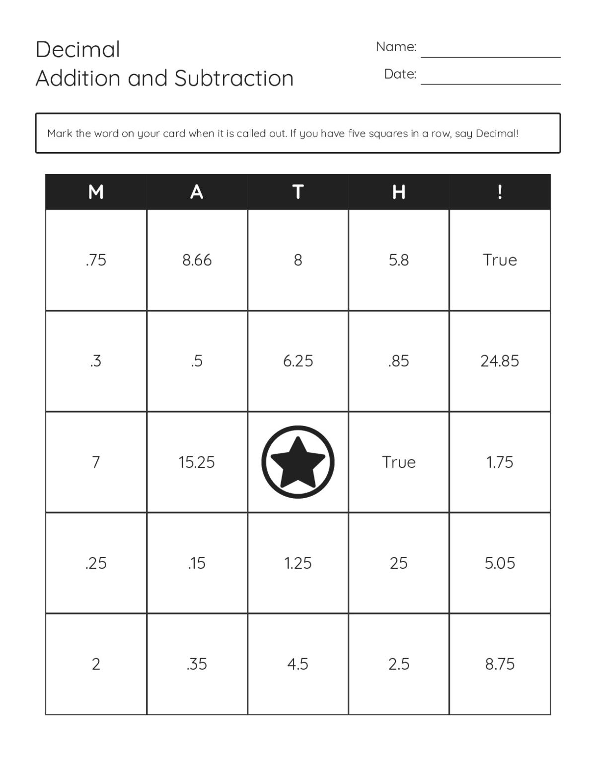 Decimal addition and subtraction bingo cards with answers like 6.25, 7.85, and 27.75.