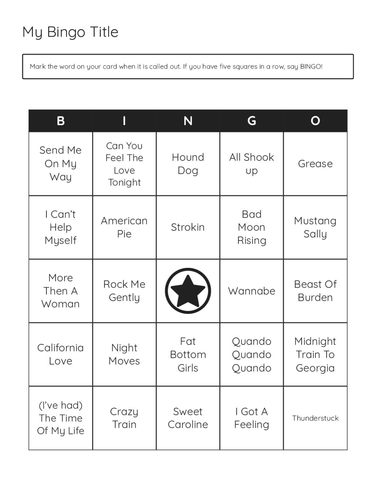 Party playlist bingo cards with classic hits including "Hey Jude," "Sweet Caroline," and "Wannabe."