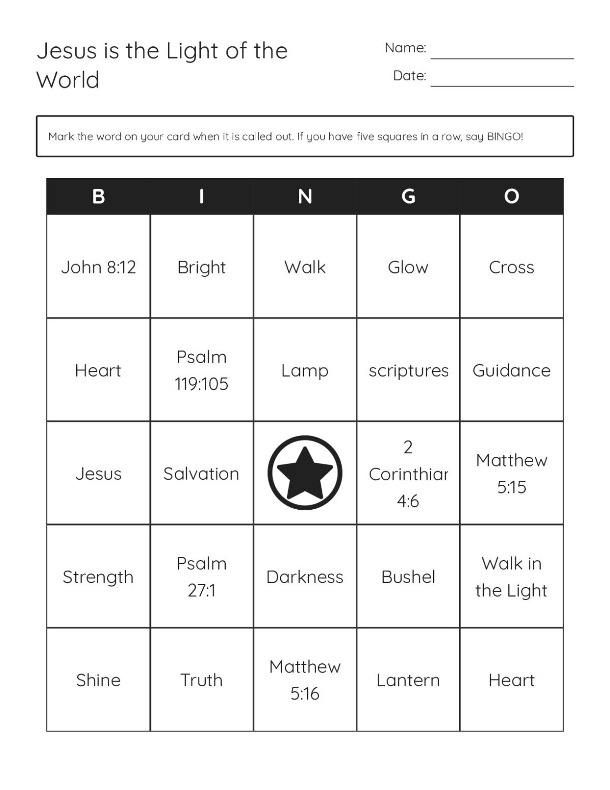 Jesus is the Light of the World bingo cards with Bible verses and spiritual concepts about faith and guidance.