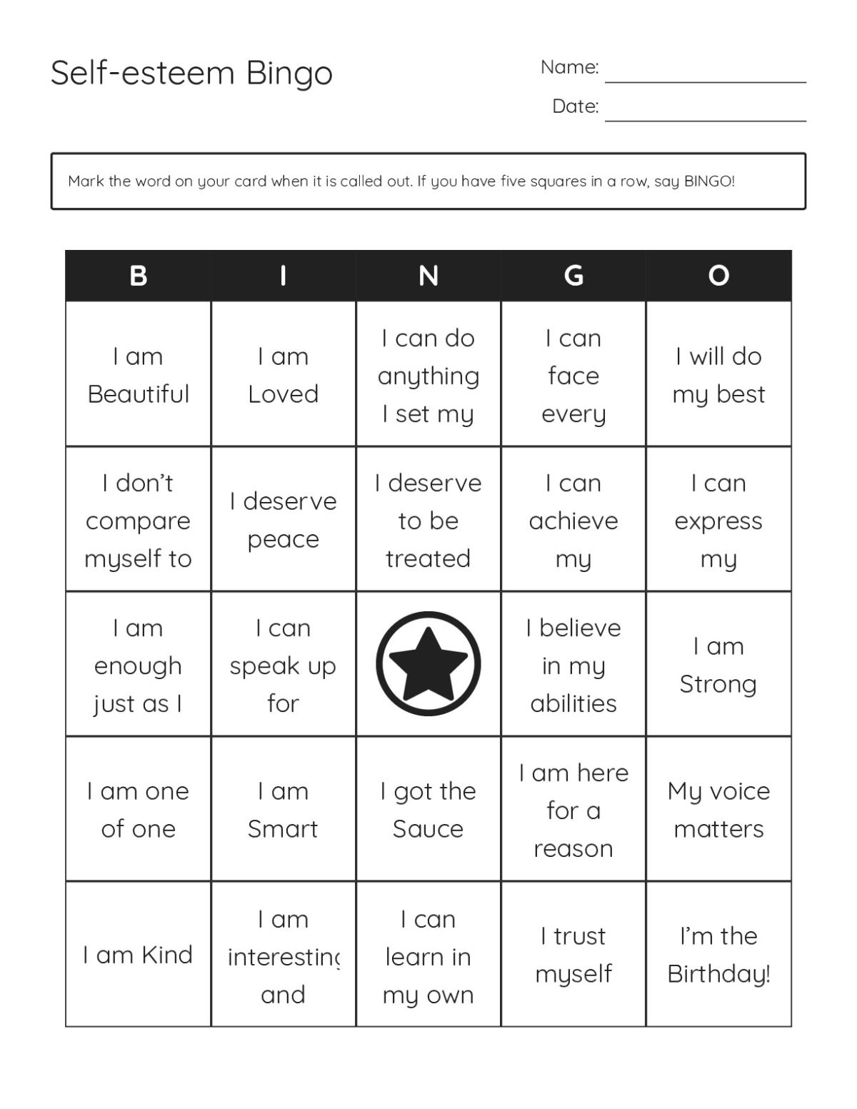 Positive affirmations bingo cards with statements promoting self-esteem and confidence for teenagers.
