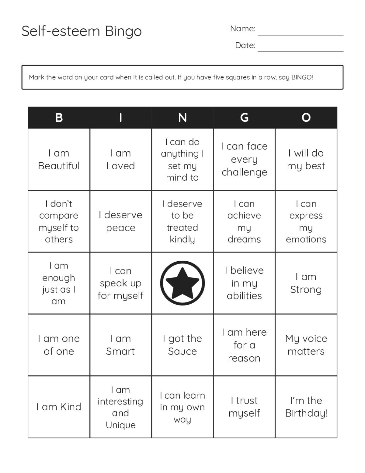 Affirmations bingo cards with positive statements about self-esteem, confidence, and personal worth.