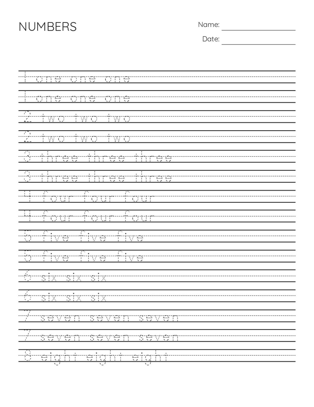 Printable handwriting worksheet for Pre-K through Grade 1 with repeated number words from one to ten for tracing practice.