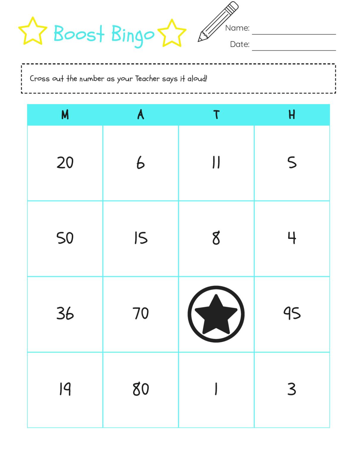Bingo cards with numbers 1 to 95 for 1st Grade math practice.