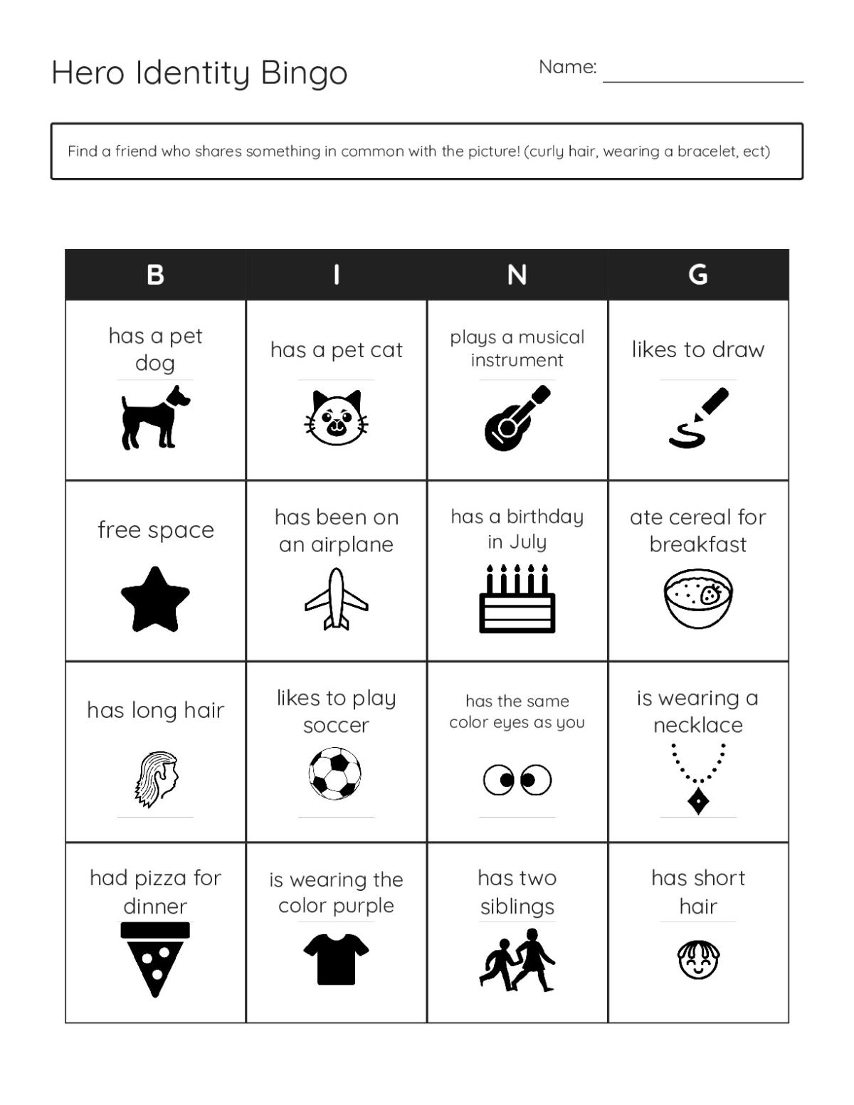 Hero Identity bingo cards with prompts for young students about pets, hair color, and activities.