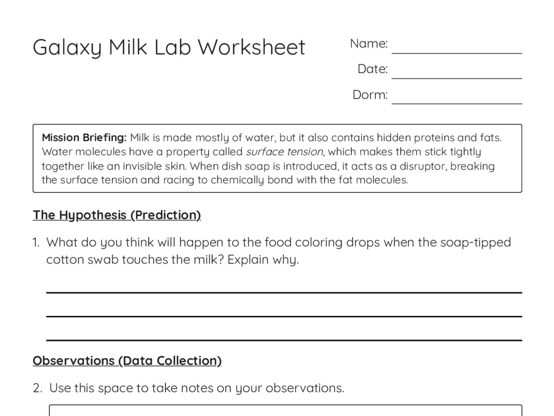 Printable 6th grade science lab worksheet for a milk and soap experiment demonstrating surface tension and molecular interaction.