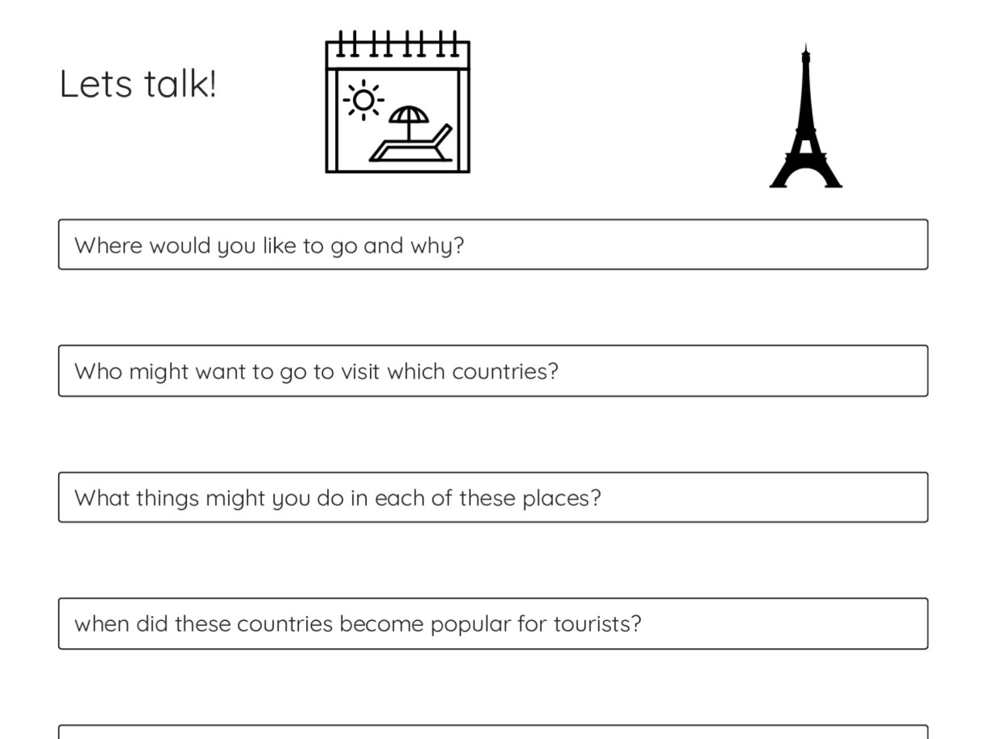 Printable 3rd grade worksheet with five travel and geography discussion prompts asking students to plan trips and discuss countries.