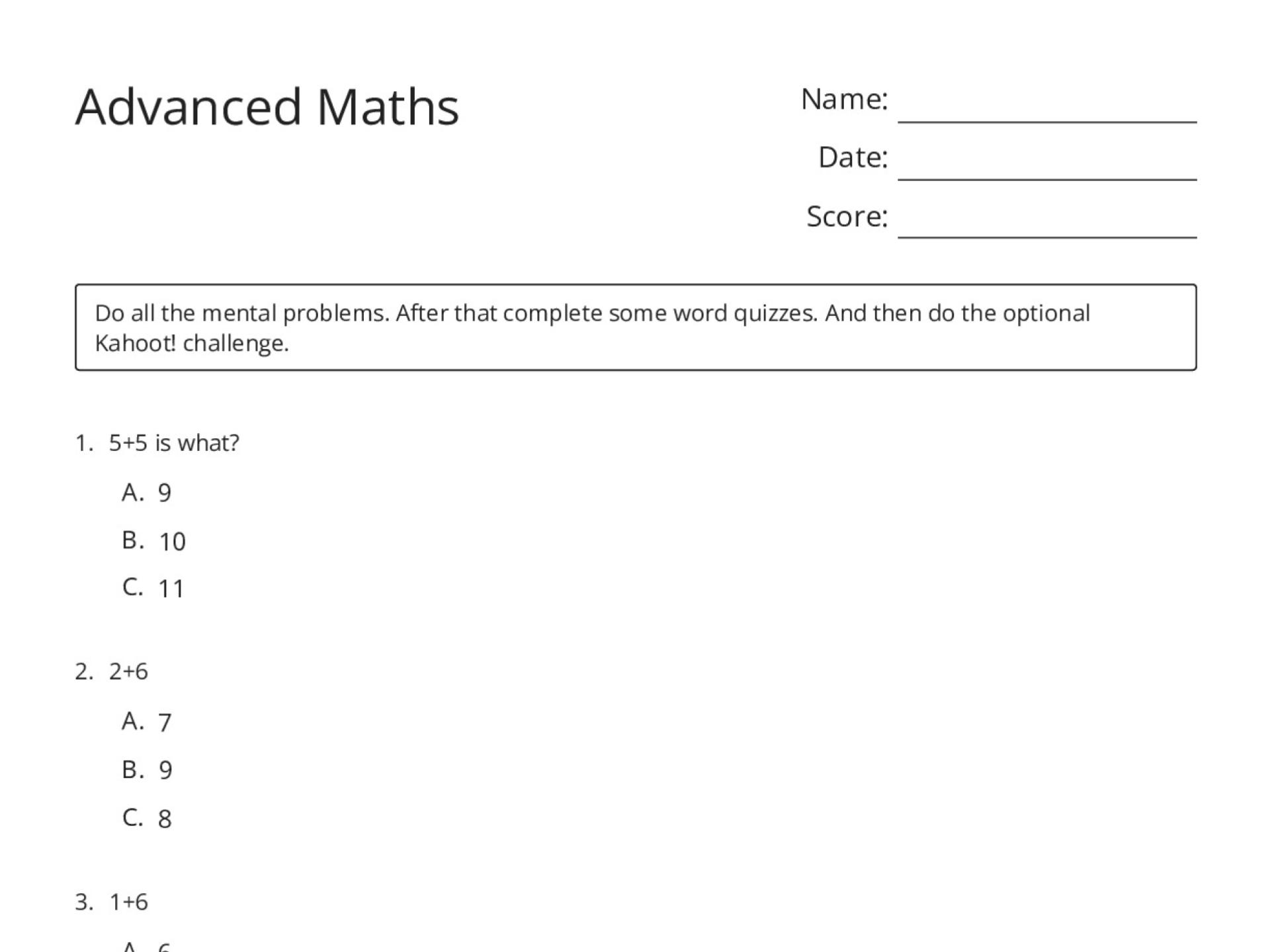 Kindergarten math worksheet with addition problems and word problems for sums within 10.