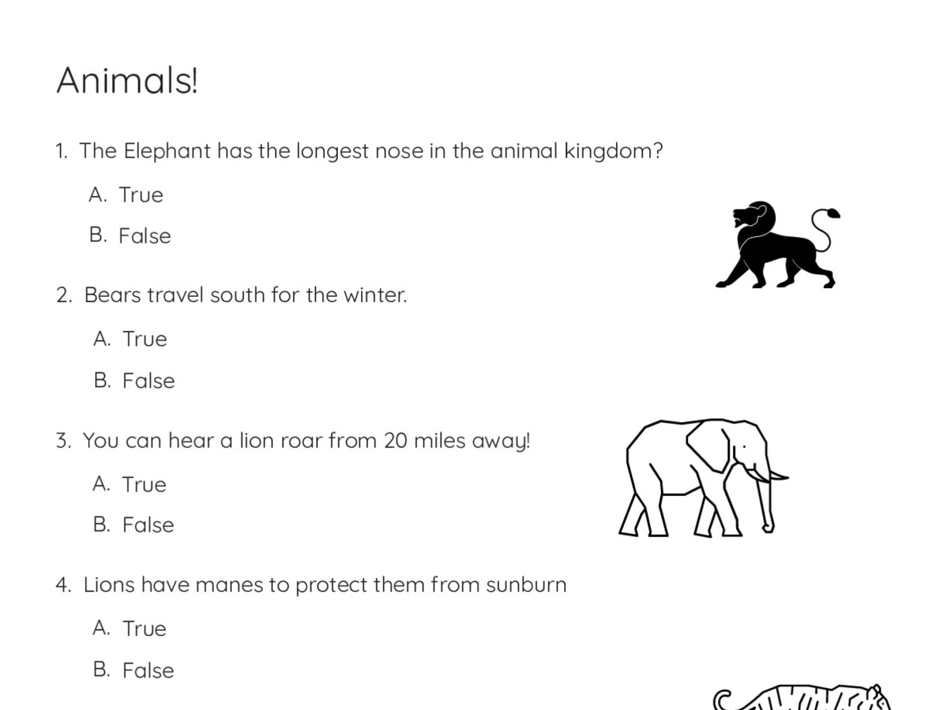 Printable 3rd grade true-or-false worksheet with seven questions about animal facts and wildlife behavior.