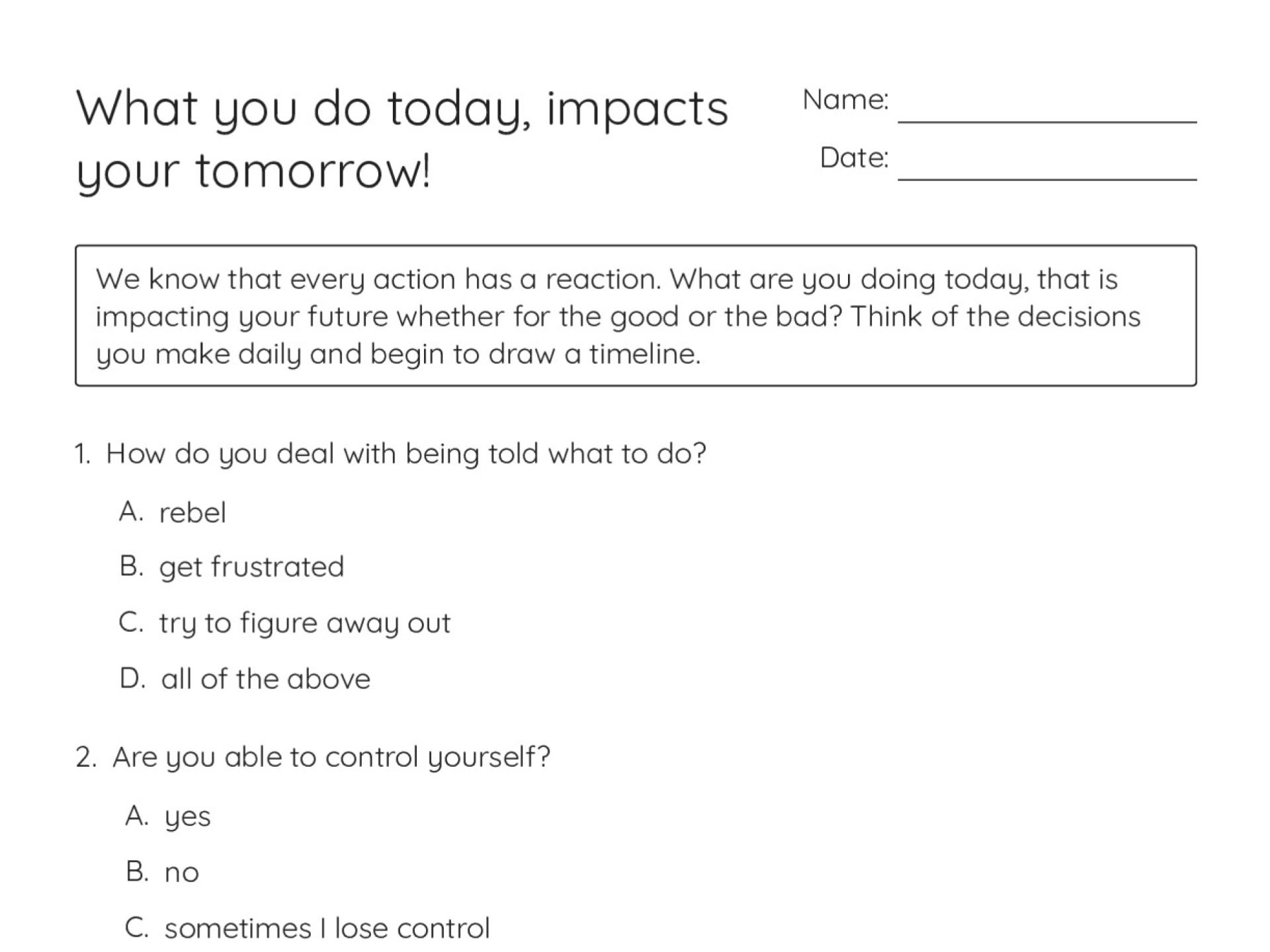 Printable social-emotional learning worksheet with reflection questions about decision-making, self-control, and how daily actions impact the future.