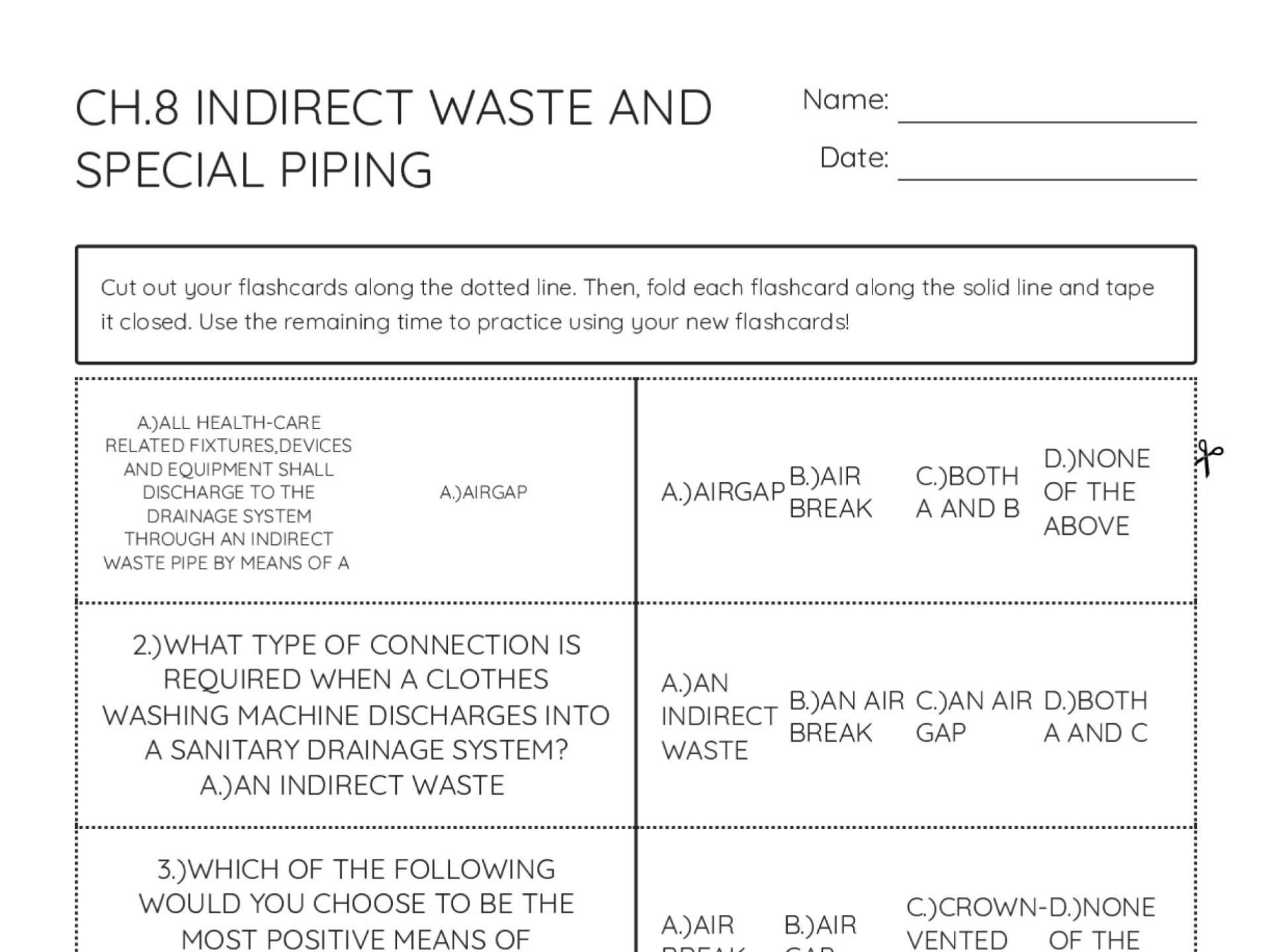 Plumbing code flashcards on indirect waste systems and air gaps for certification exam prep.