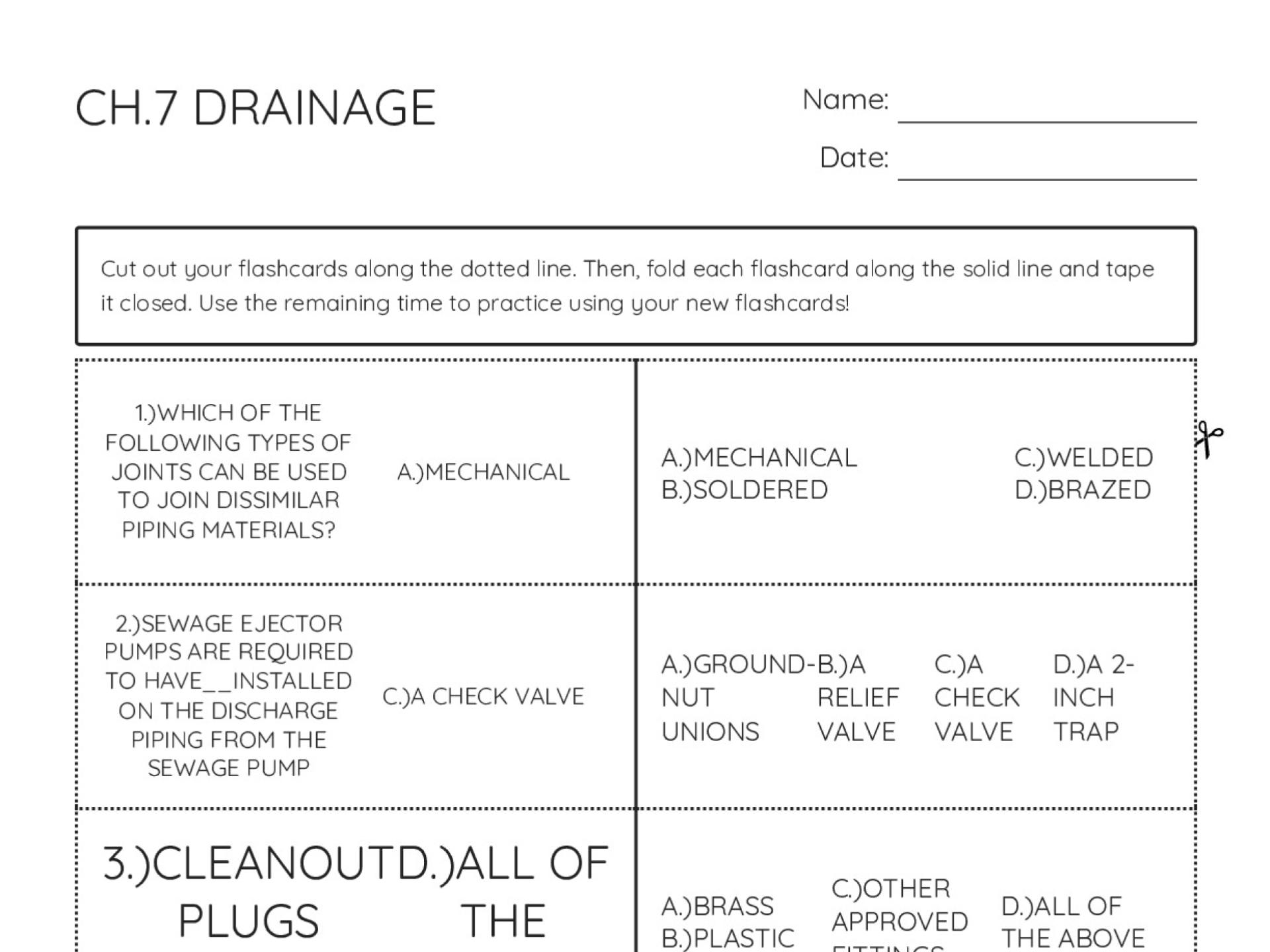 Plumbing drainage code flashcards with cleanout spacing, fitting types, and slope requirements.