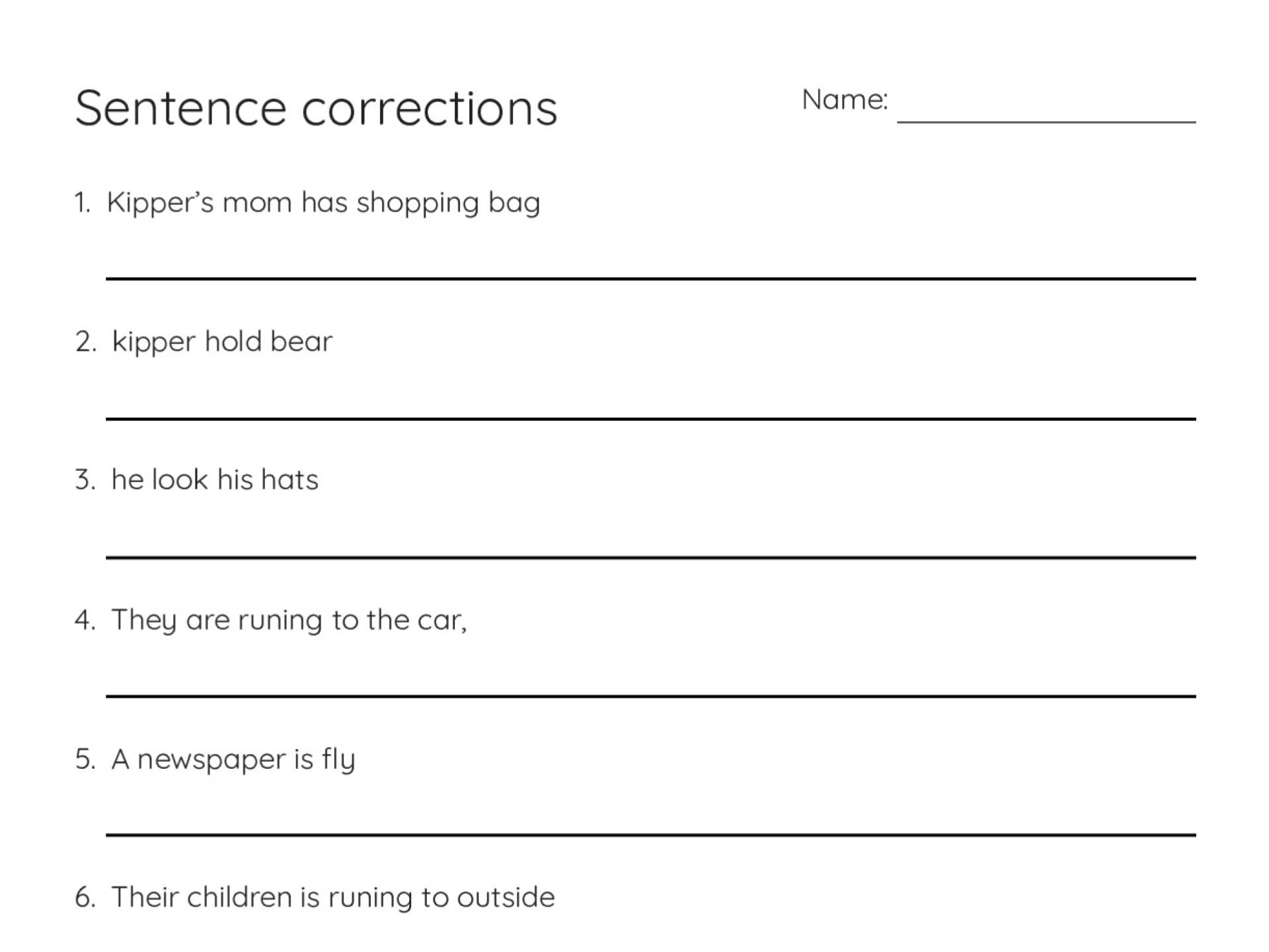 Printable 2nd grade grammar worksheet with nine sentences for students to identify and correct common grammar mistakes.