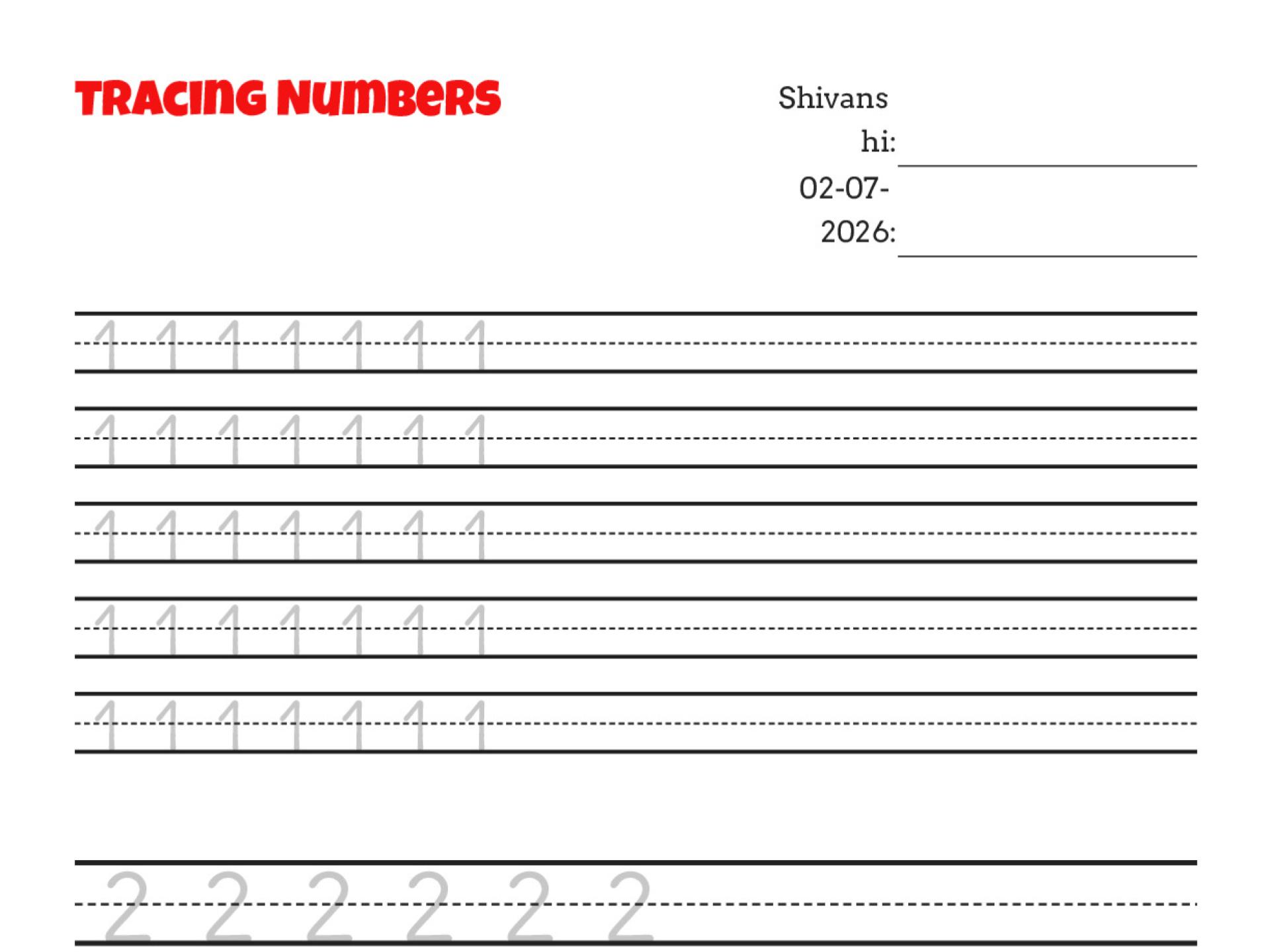 Pre-K number tracing worksheet showing dotted or printed numbers 1 through 15 for students to trace multiple times.