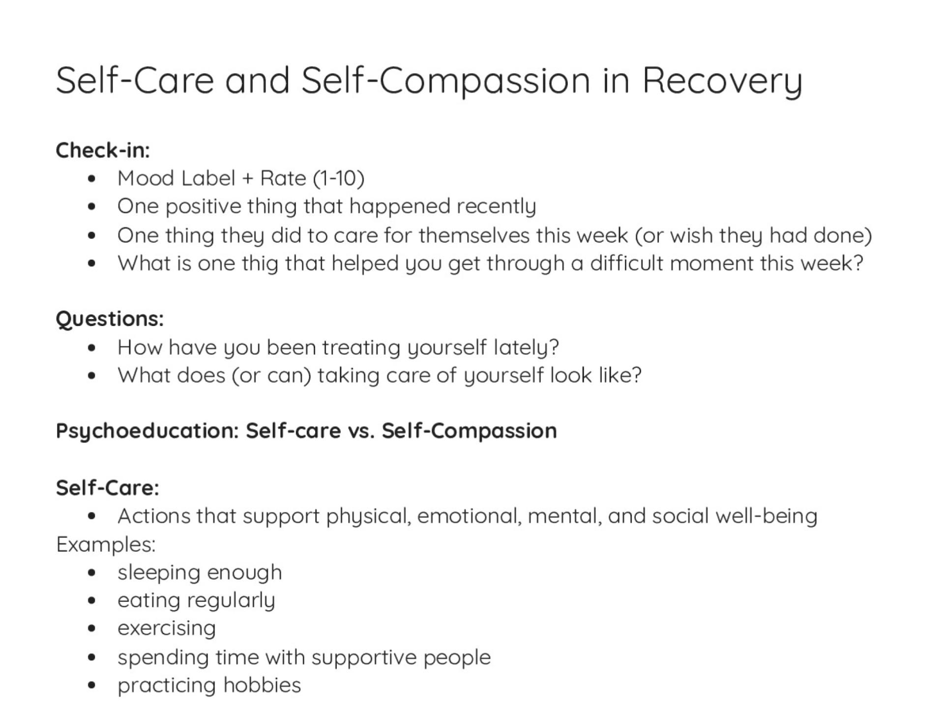 Social-emotional learning worksheet on self-care and self-compassion with check-in prompts, discussion questions, and a self-care wheel activity.