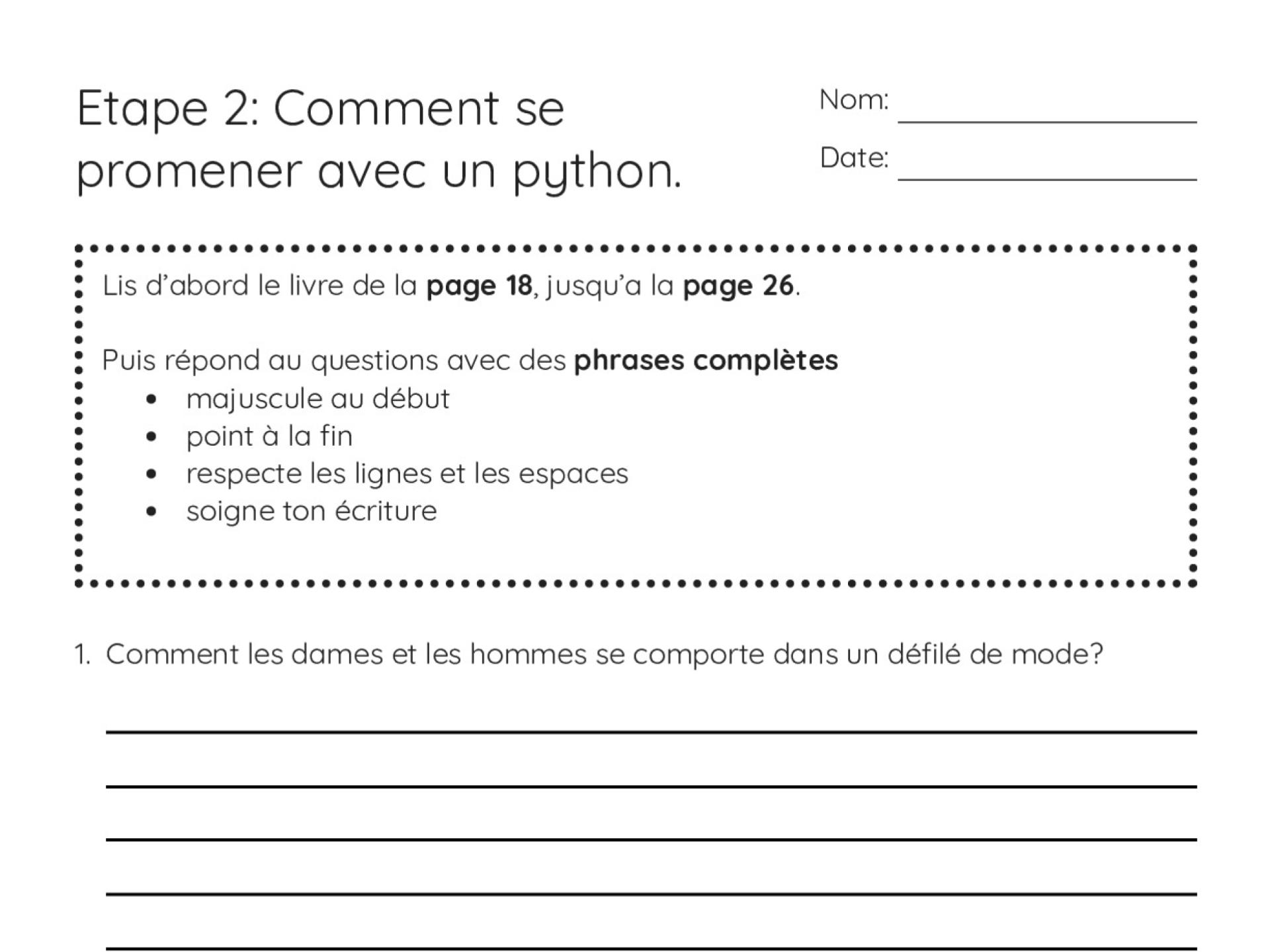 Printable 4th grade French reading comprehension worksheet with three questions about fashion shows and jungle animals.