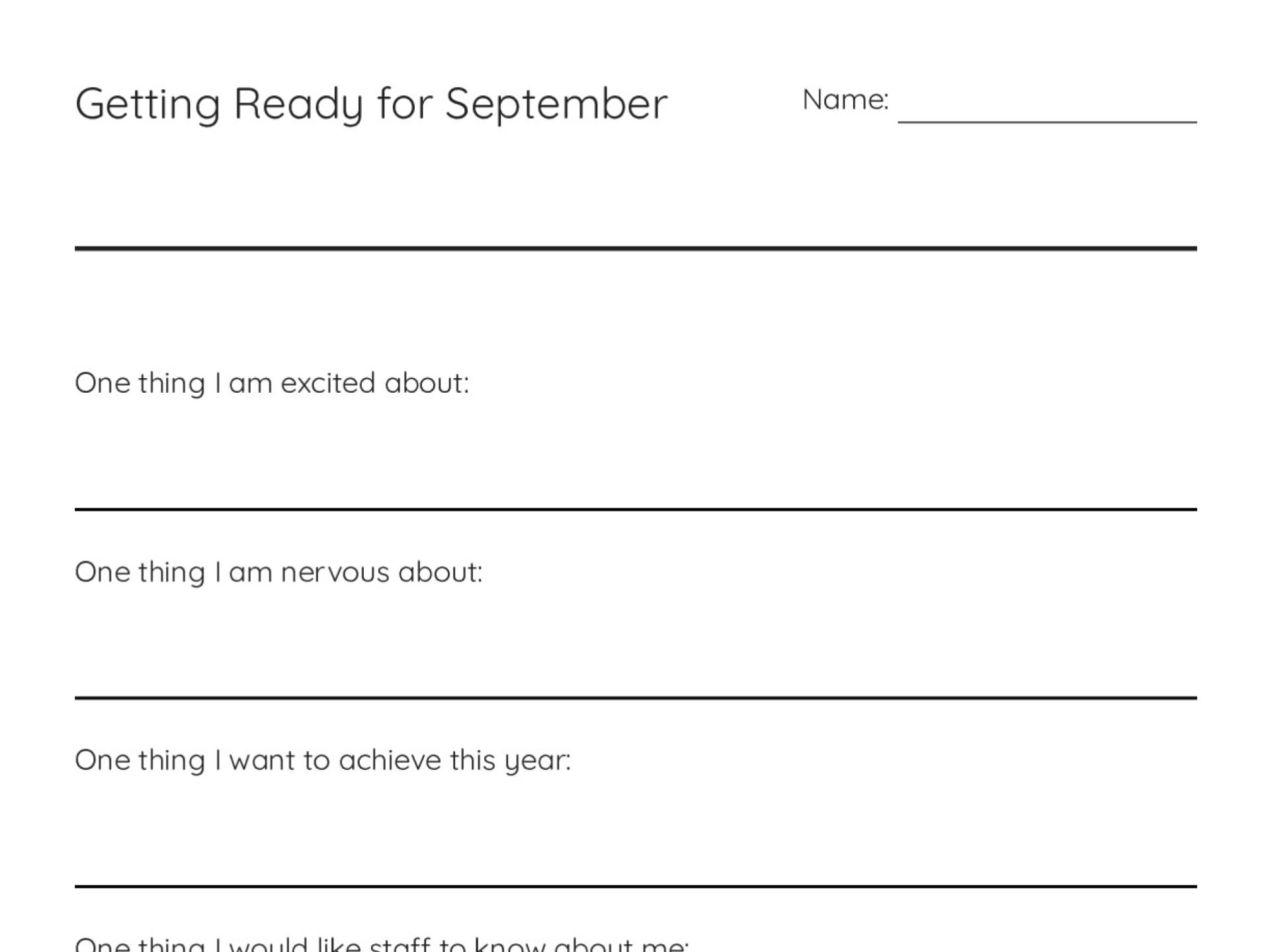 College-level reflection worksheet with six open-response prompts for students beginning a new semester.