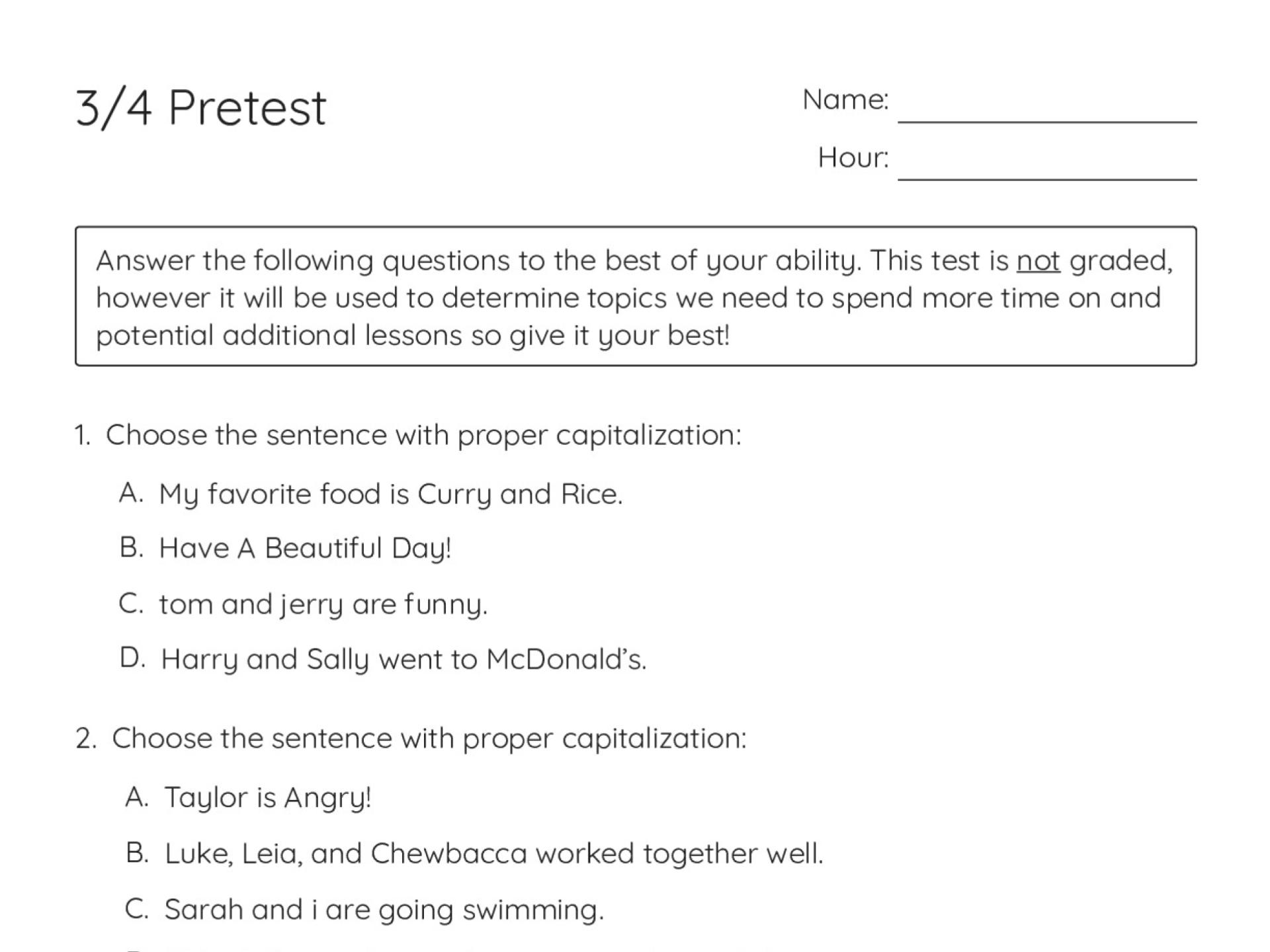 Printable 6th grade ELA pretest with multiple-choice and open-response questions on grammar, punctuation, homophones, and poem comprehension.
