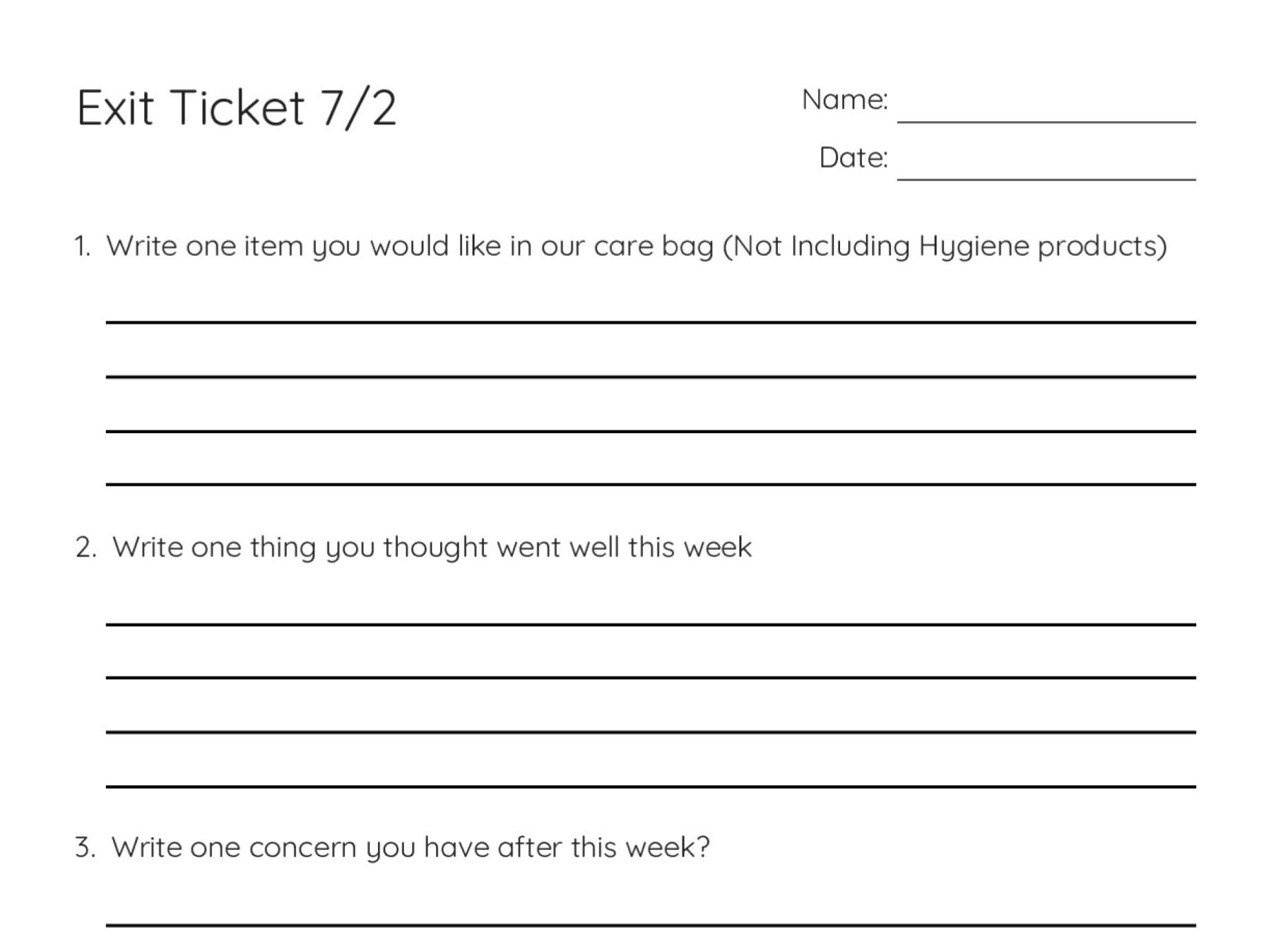 Printable exit ticket for Grades 6–8 with four reflection questions on the week, relationships, and feelings.
