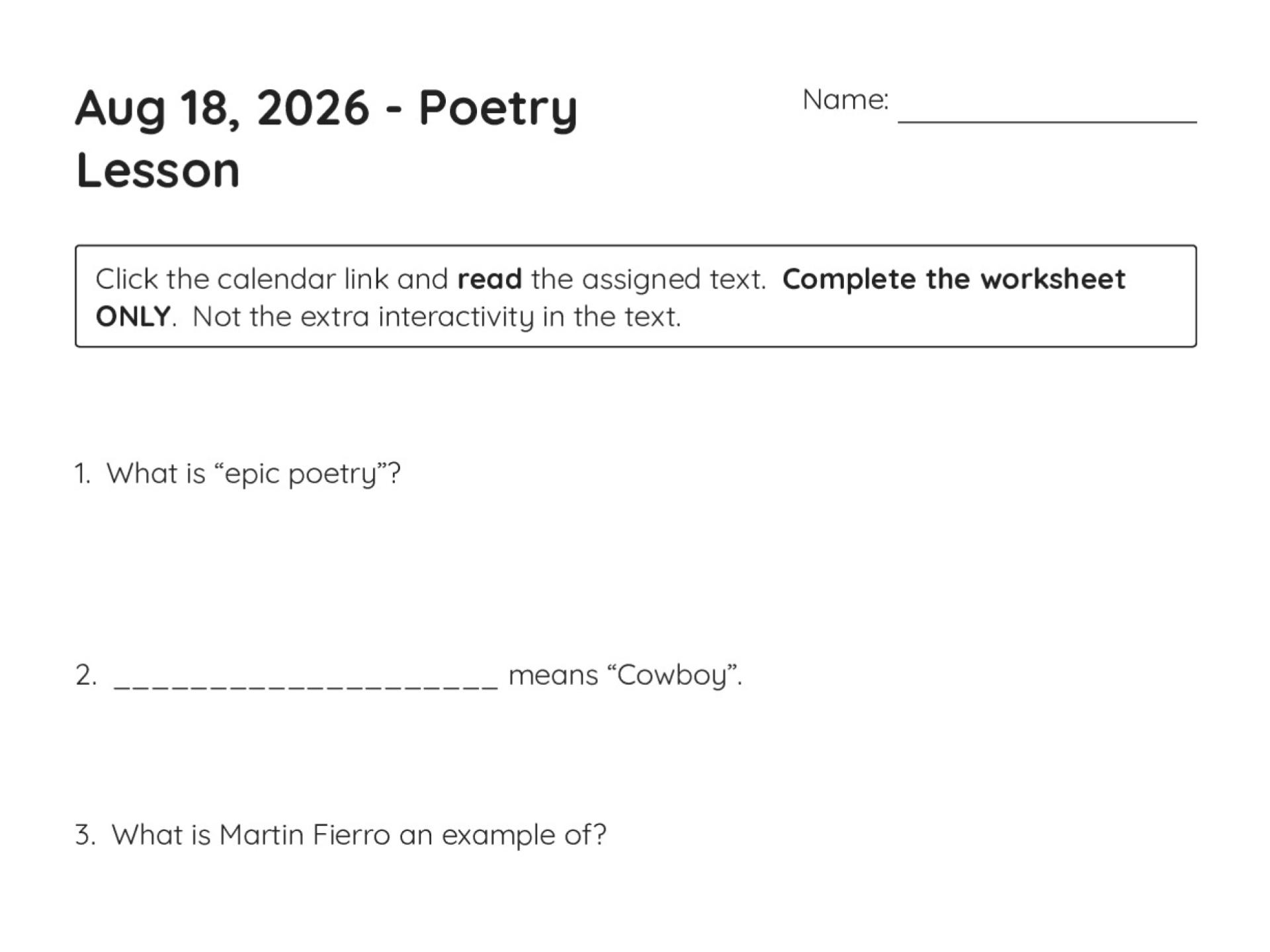Printable high school worksheet with reading-comprehension questions on epic poetry, hero archetypes, and the hero's journey.