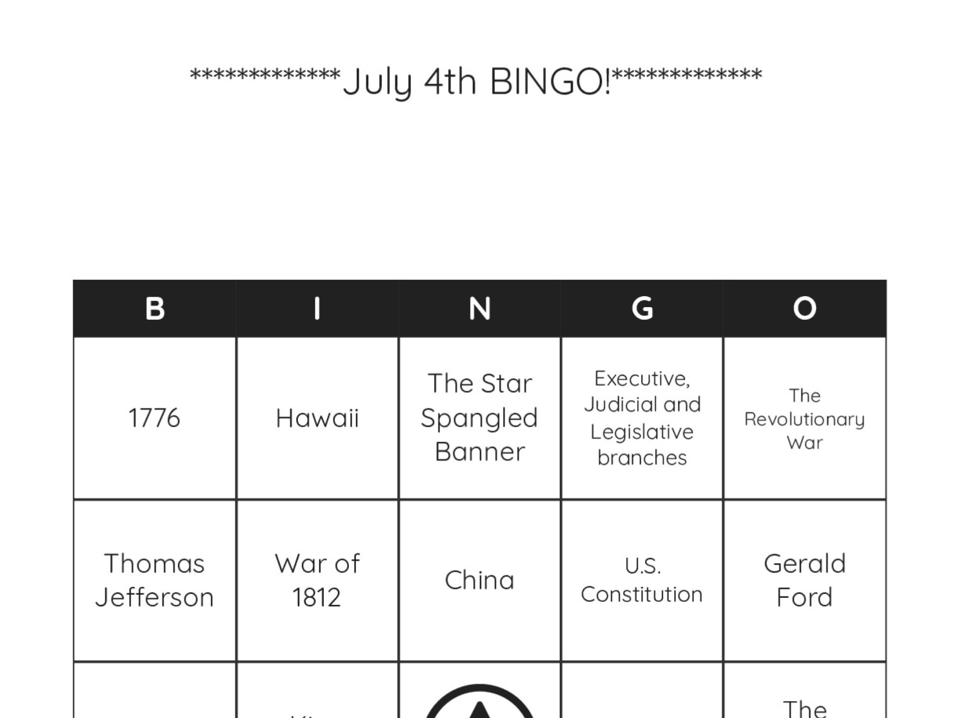 July 4th bingo cards featuring American history, the Constitution, and patriotic symbols.