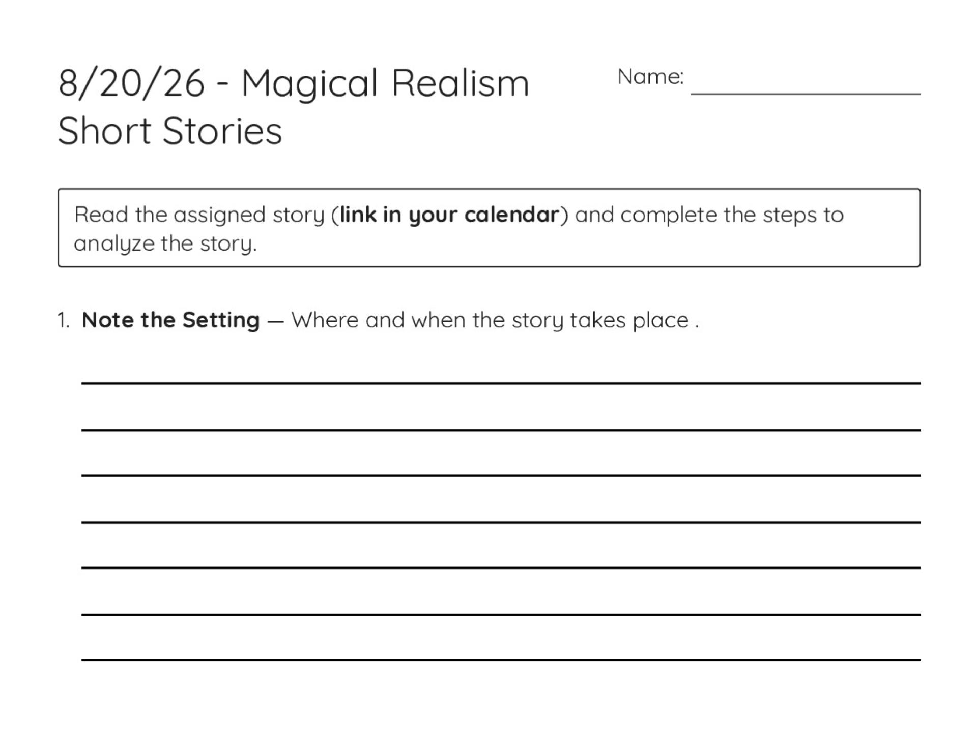 Printable literary analysis worksheet for Grades 9 and 10 with six prompts for analyzing magical realism short stories.