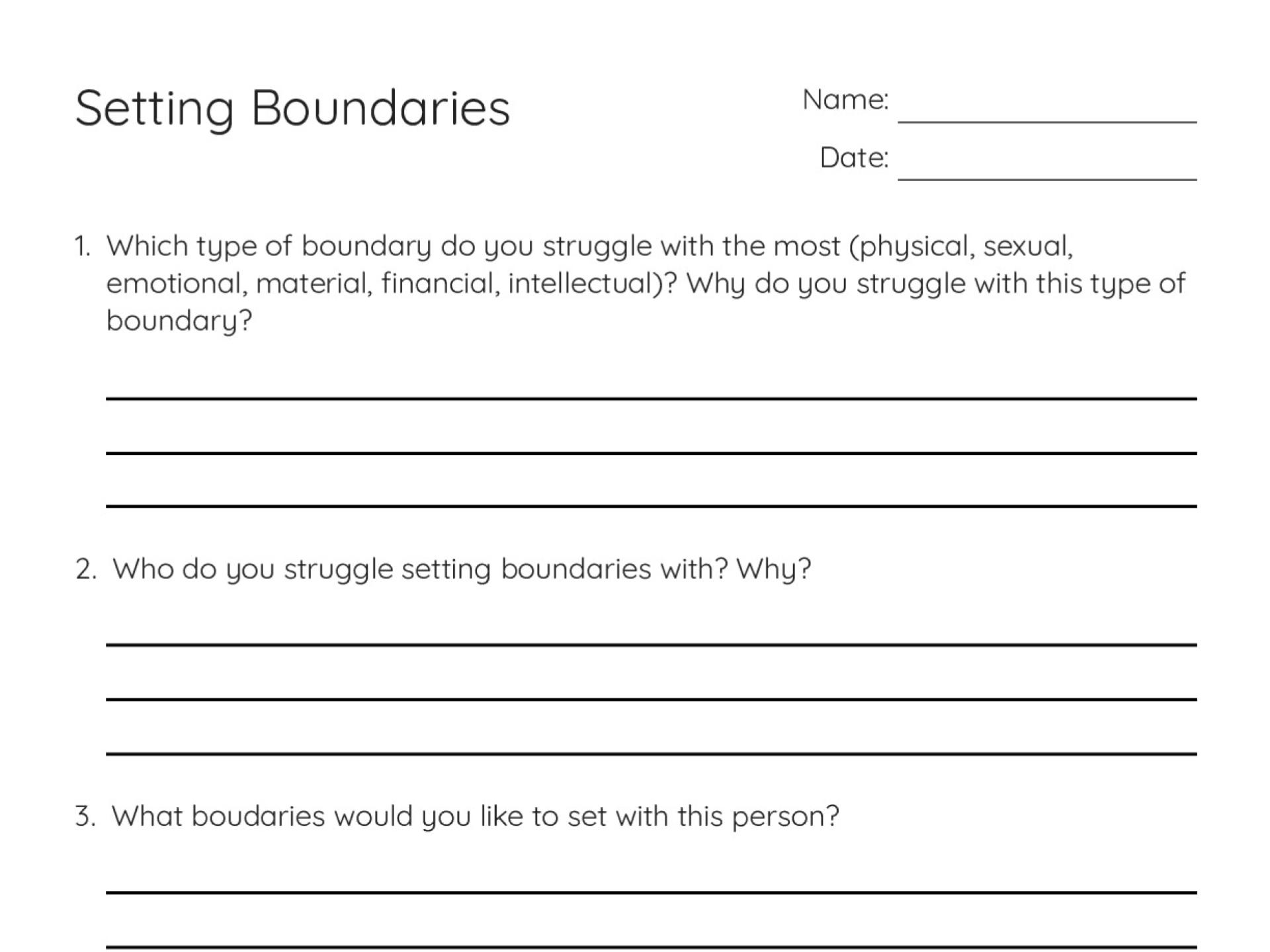 Printable boundaries worksheet for high school and college students with five reflection prompts on physical, emotional, and financial boundaries.