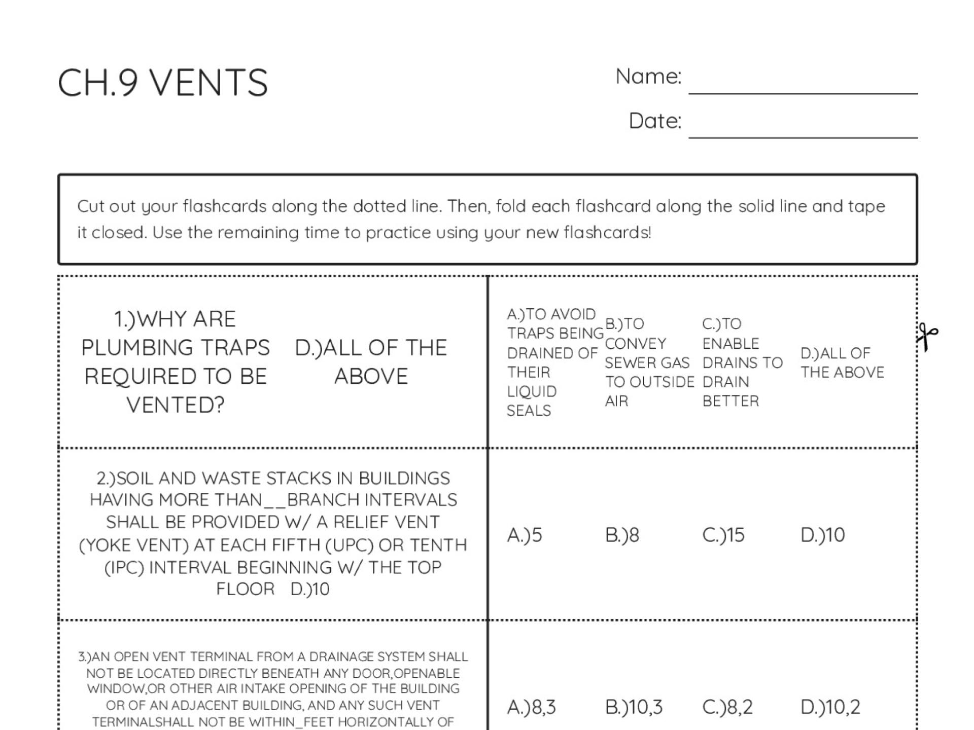 Plumbing code flashcards on DWV vents, trap seals, and terminal placement requirements.