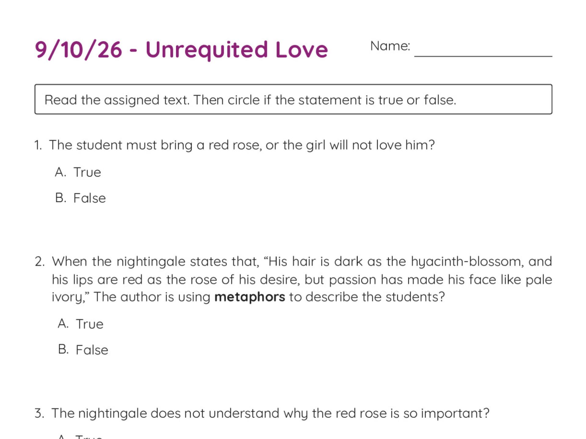 Printable 9th–10th grade reading comprehension worksheet with five true-or-false questions on "The Nightingale and the Rose" by Oscar Wilde.