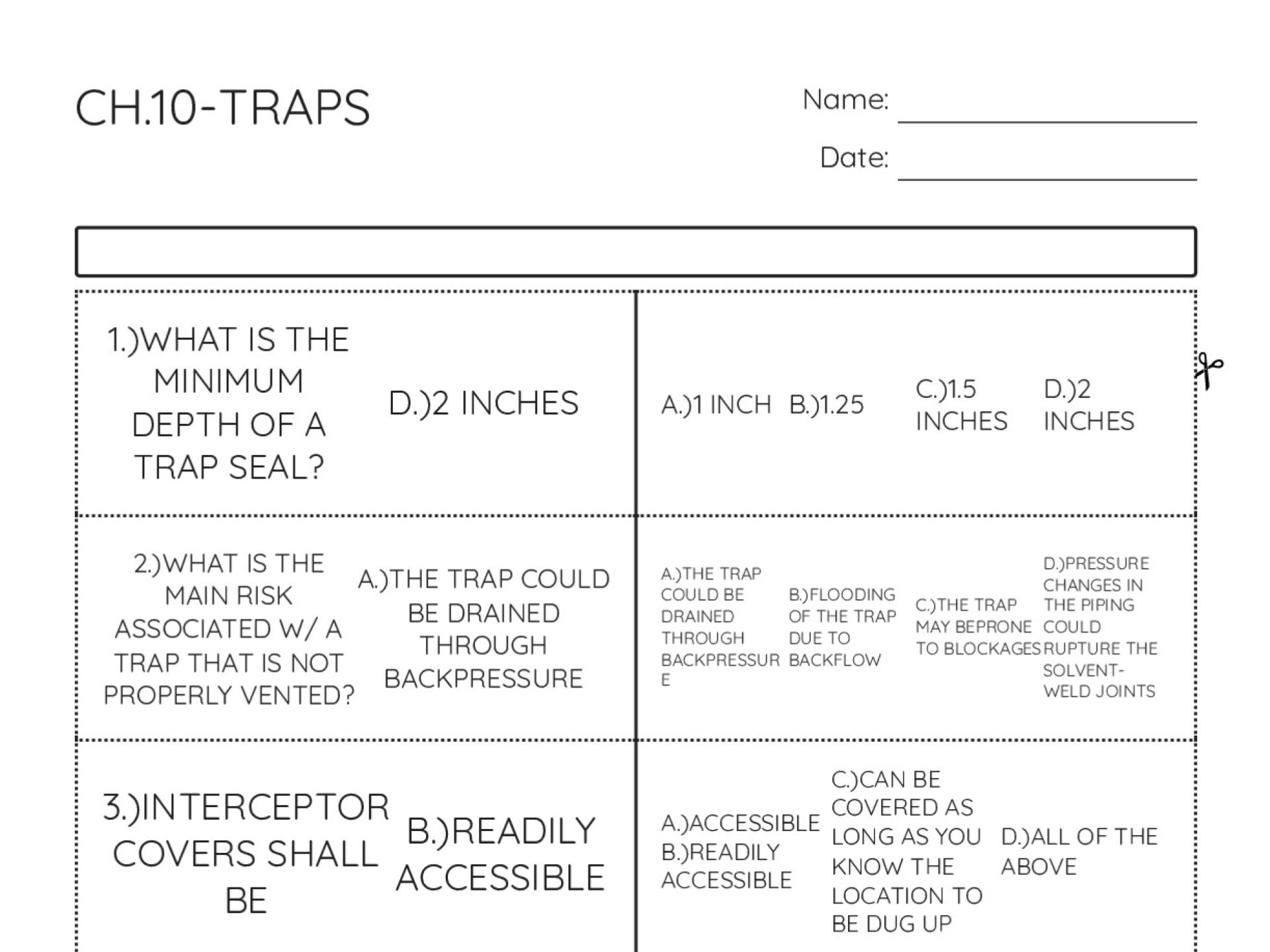 Plumbing traps and interceptors flashcards for certification exam prep, covering trap seals and code requirements.