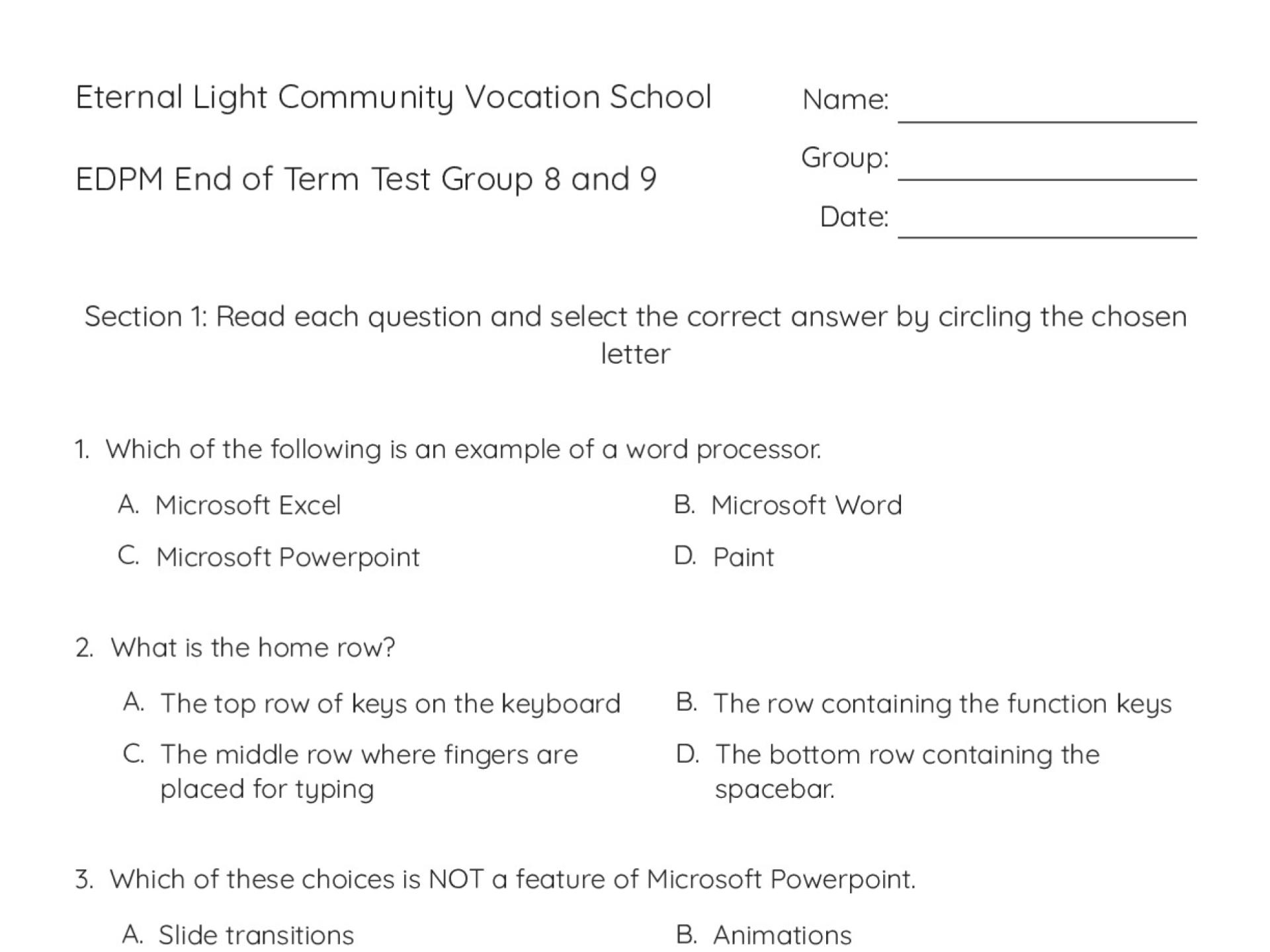 9th grade computer basics test with multiple-choice and short-answer questions on keyboarding, Microsoft Office, and computer hardware and software.