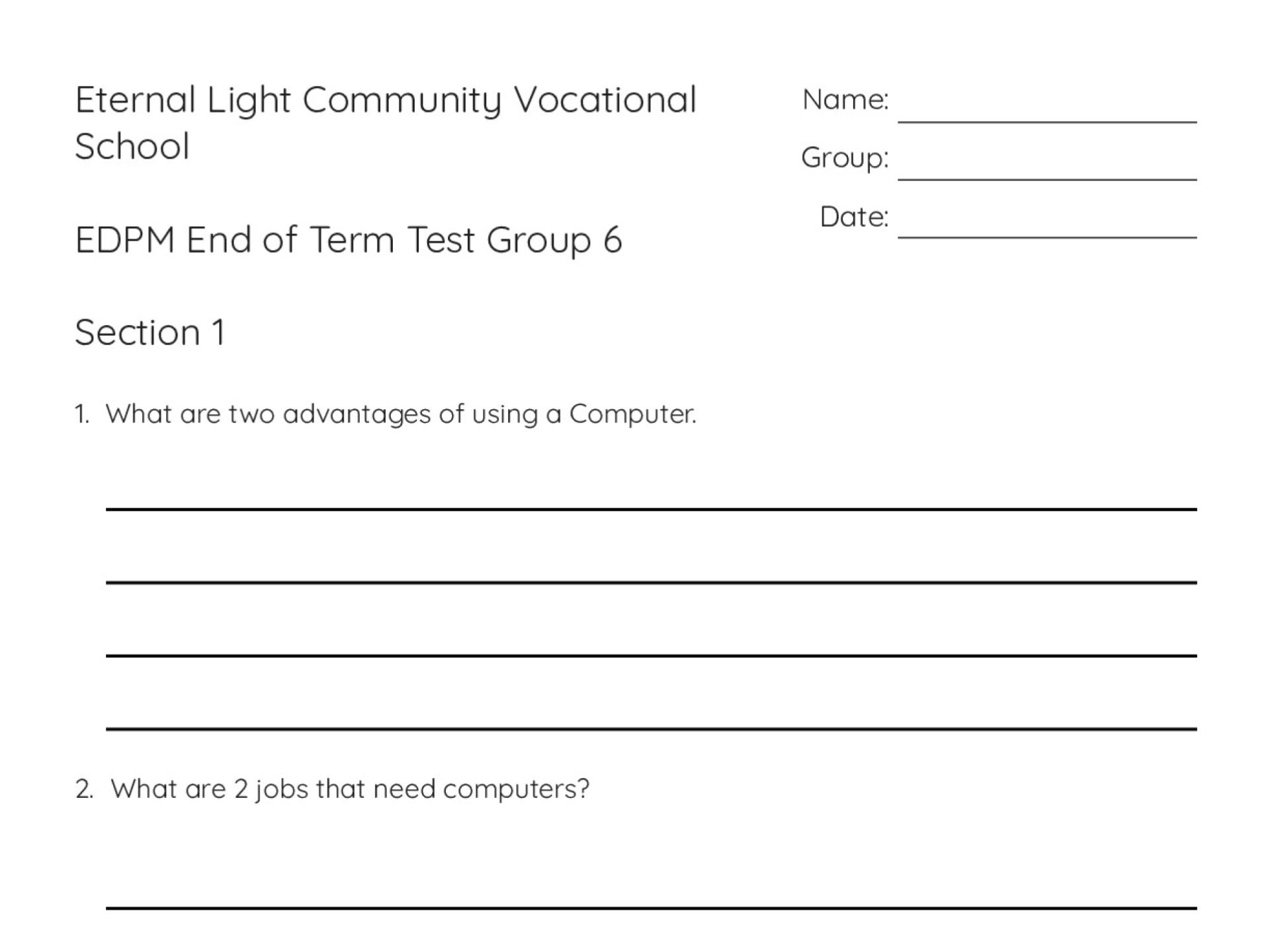 3rd grade computer literacy worksheet with multiple-choice questions on computer hardware, software, keyboard functions, and proper posture.